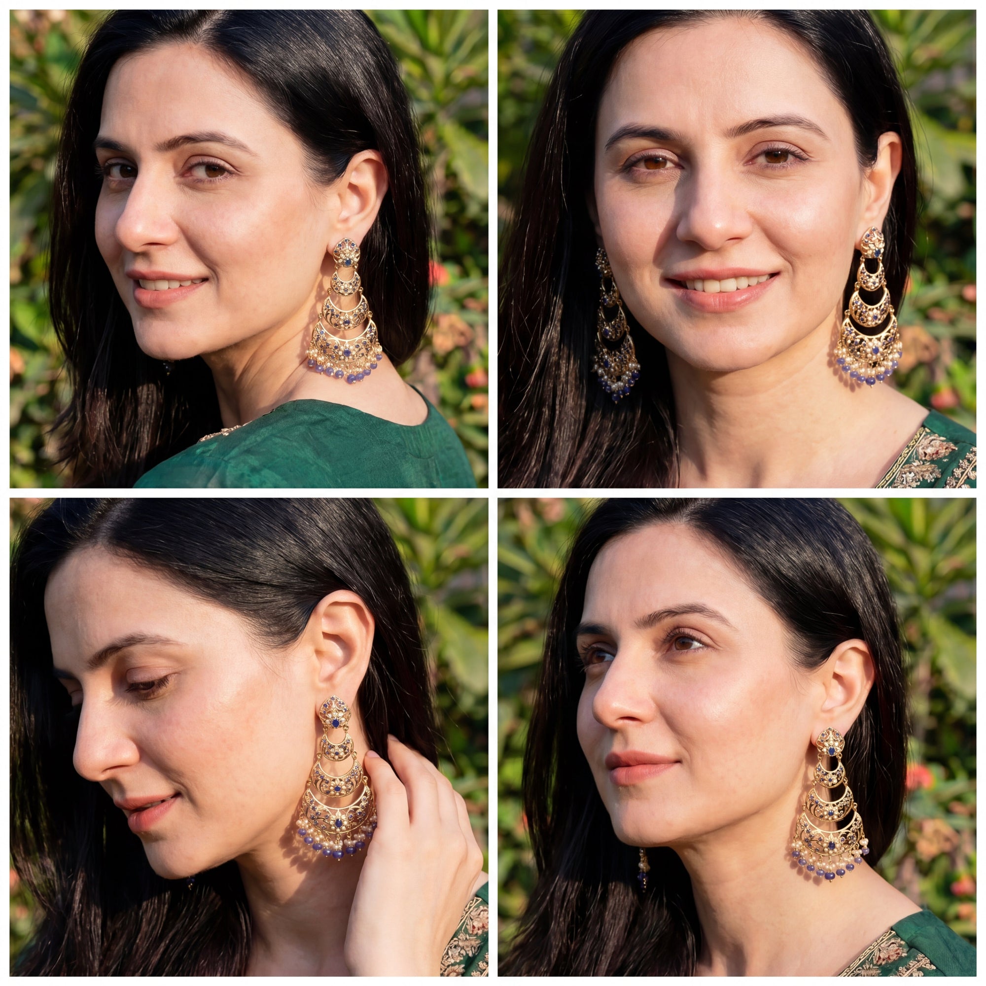 Pearl and Sapphire 3 Step Danglers | Gold Plated on Silver ER 442