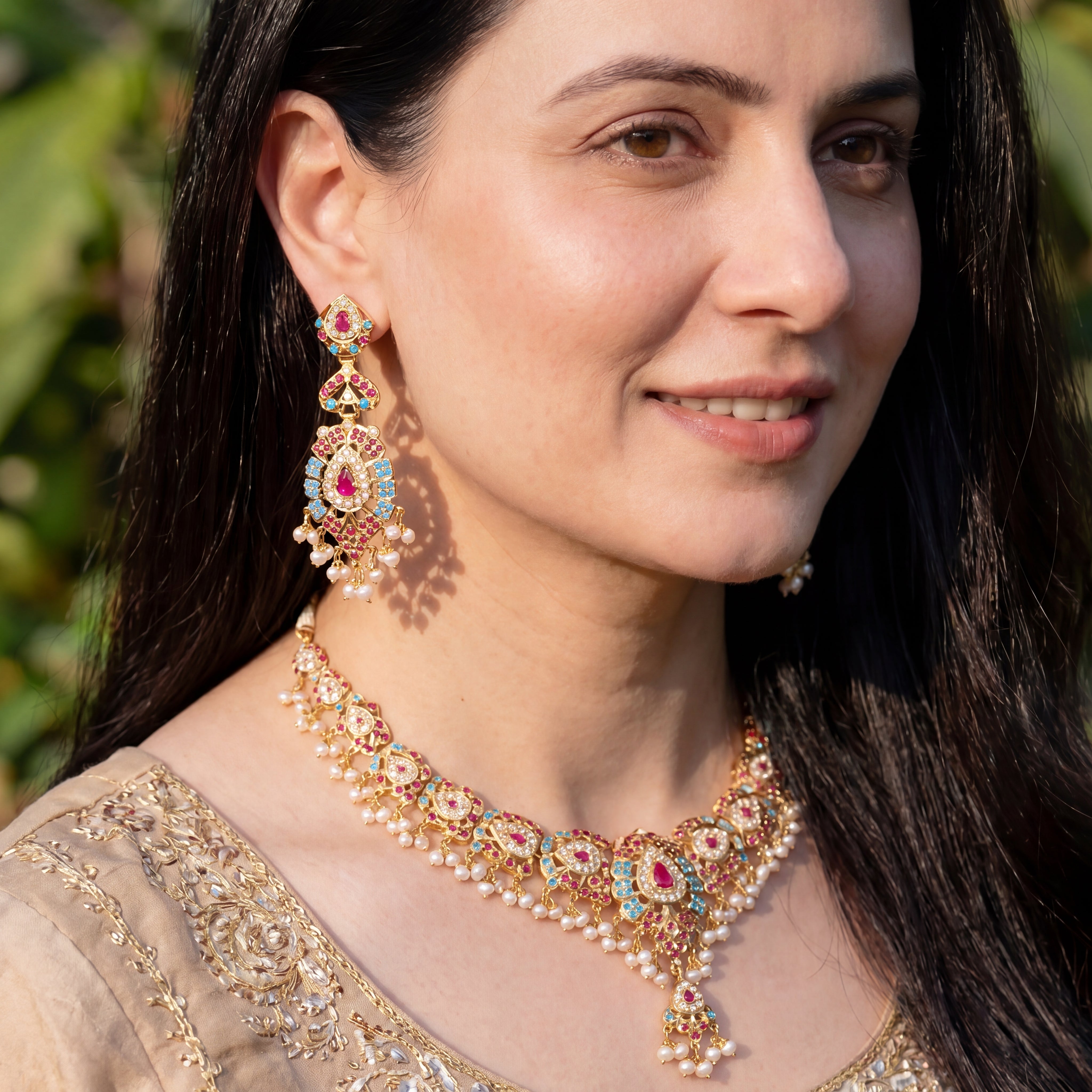 Jadau Set in Multicolours | Indian Jadau Jewelry | Gold Plated 925 Silver NS 164