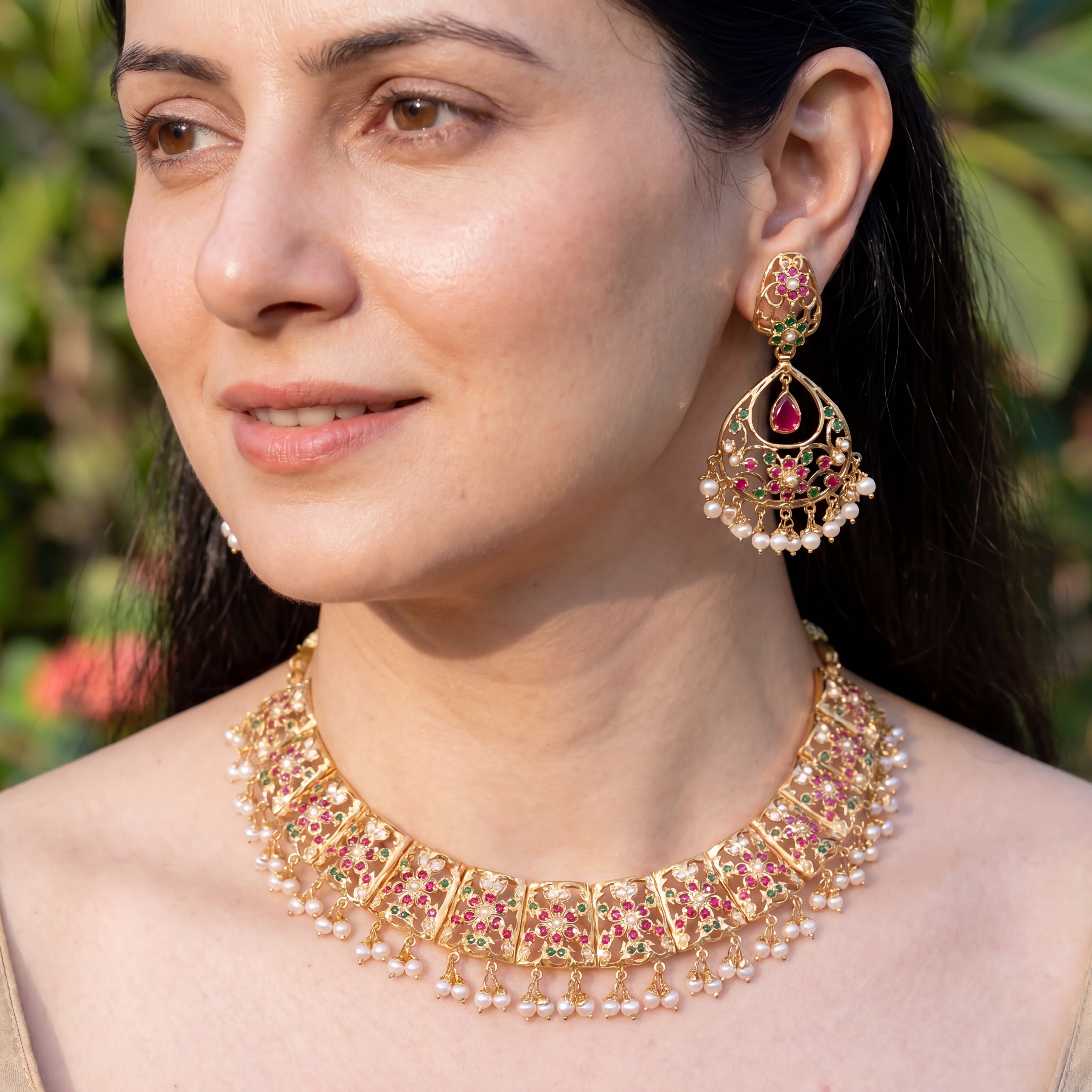 Gold Plated Silver Necklace Set | Multicoloured Jadau Set For Women NS 226