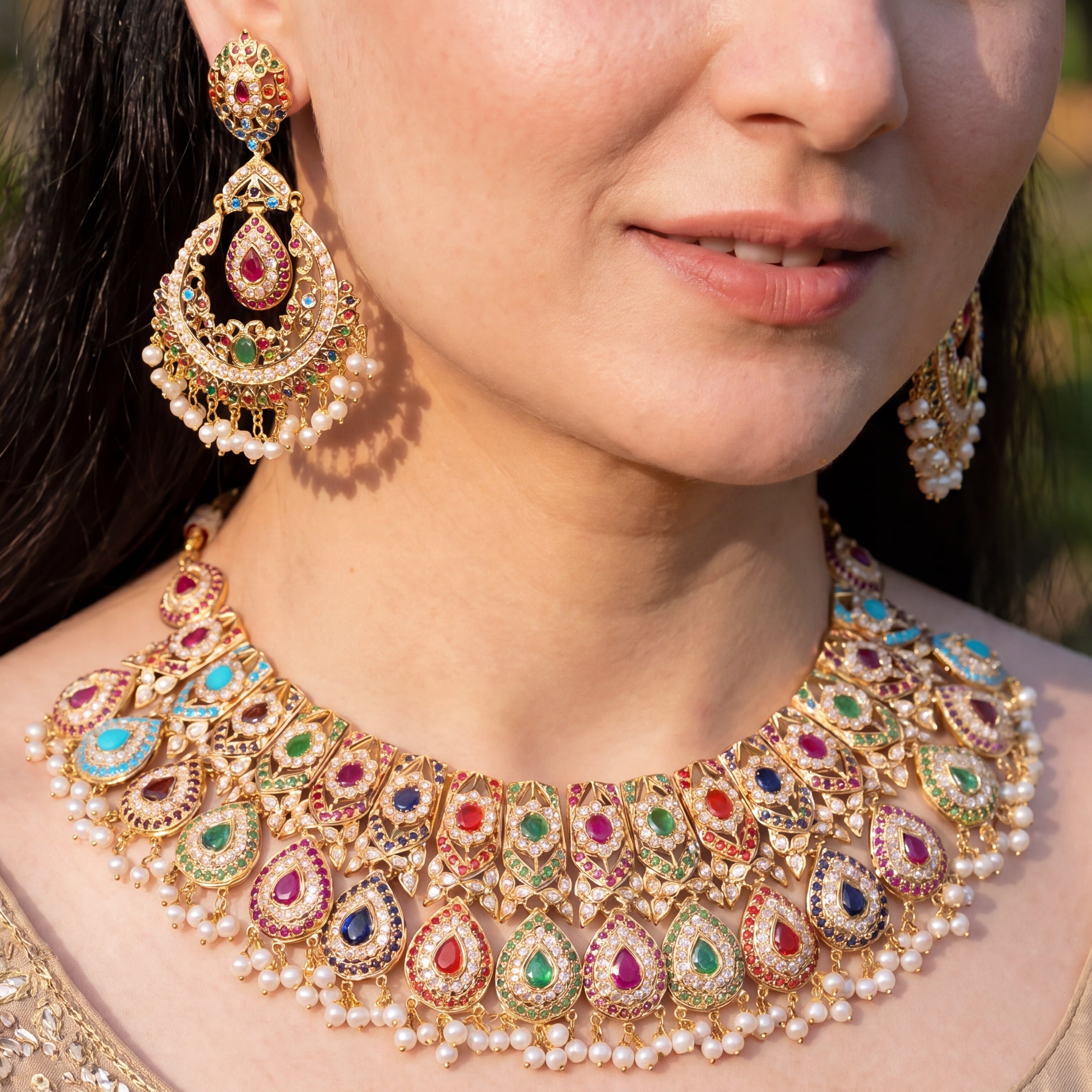 Bridal-wear Jadau Set | Pearl & Navratna Gemstones | 22k Gold GNS 003