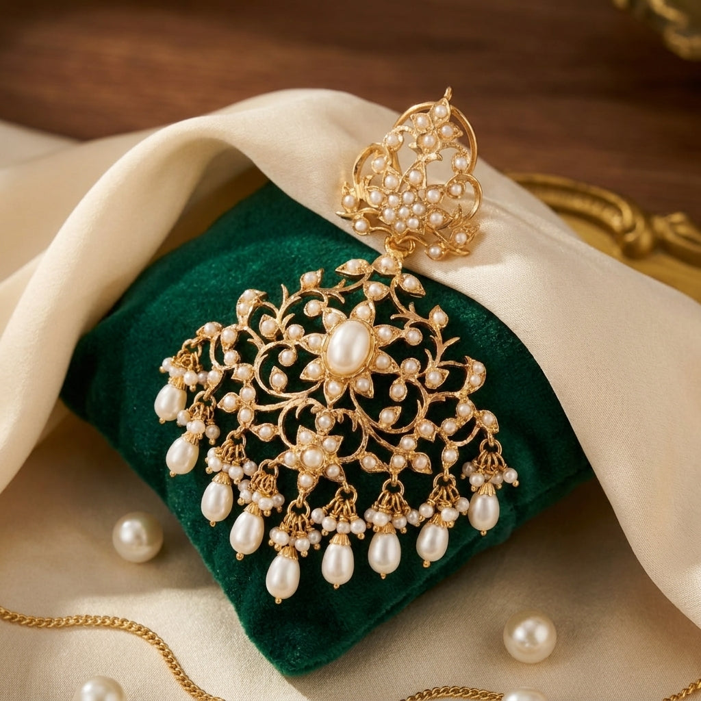 Statement Earrings Studded with Real Pearls | Gold Plated 925 Silver ER 054