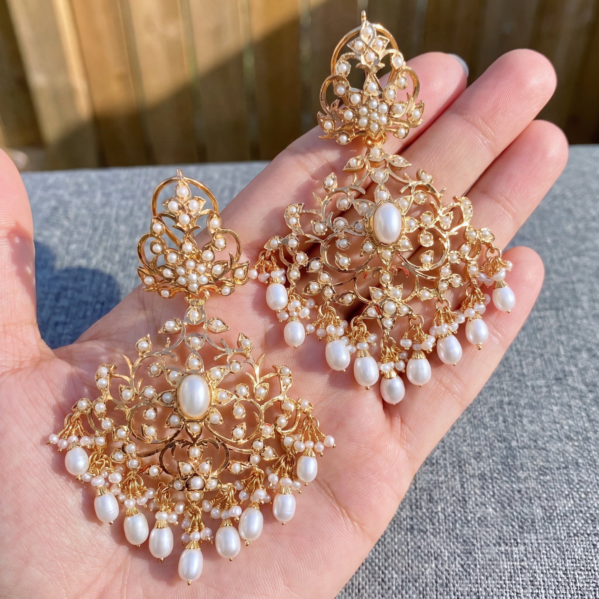 Statement Earrings Studded with Real Pearls | Gold Plated 925 Silver ER 054