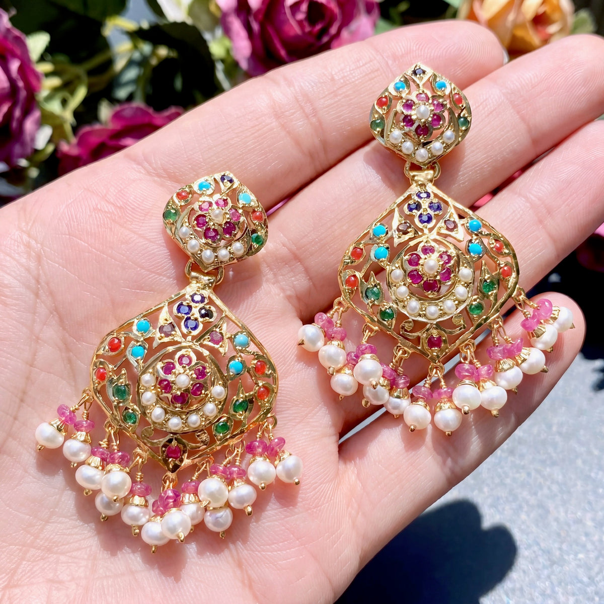 Navratana Earrings | 925 Silver with Gold Plating | Punjabi Jadau ER 188