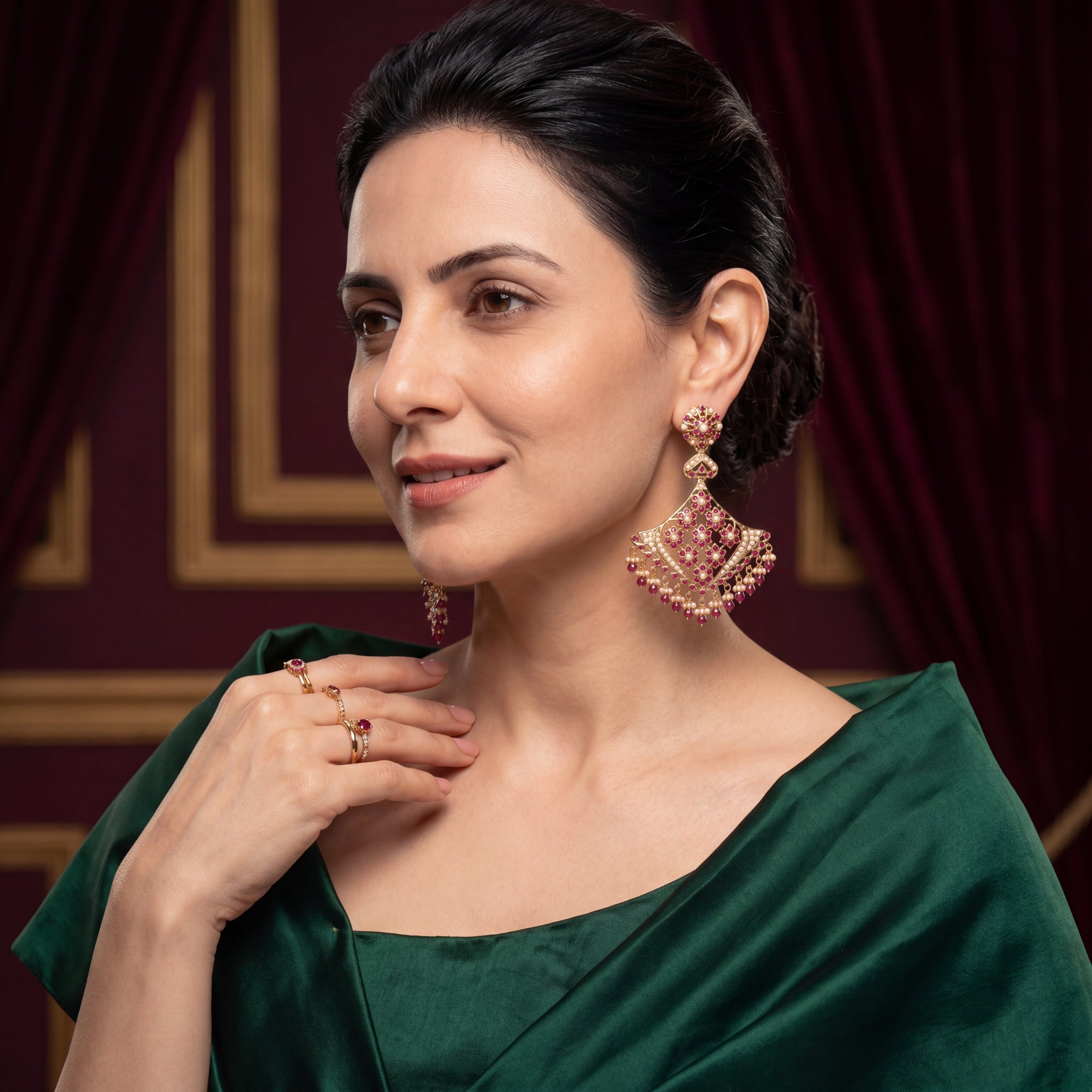 Floral Jadau Earrings | Ruby Pearl Combination | ER 426