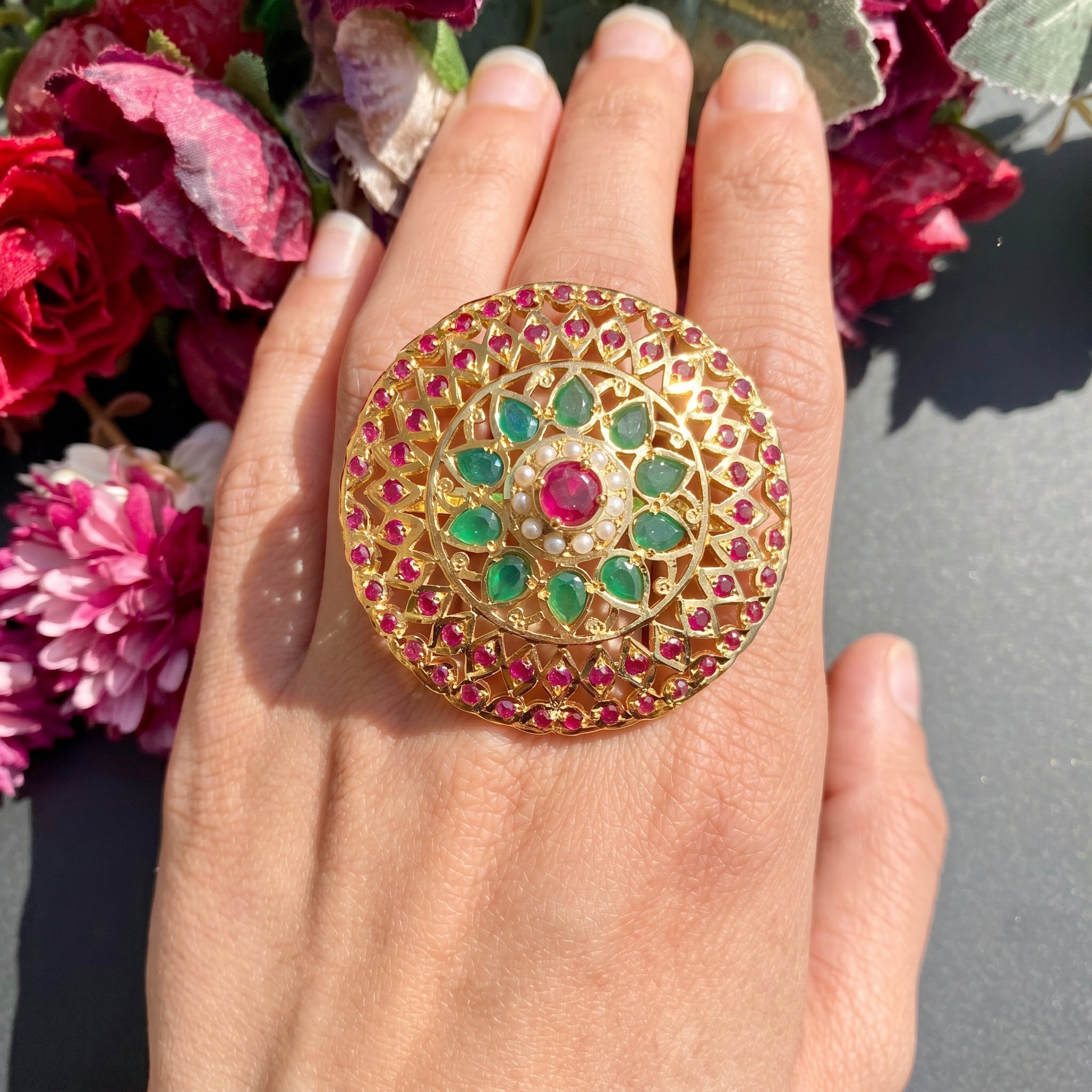 Multicolored Jadau Cocktail Ring in Gold Plated Silver LR 011