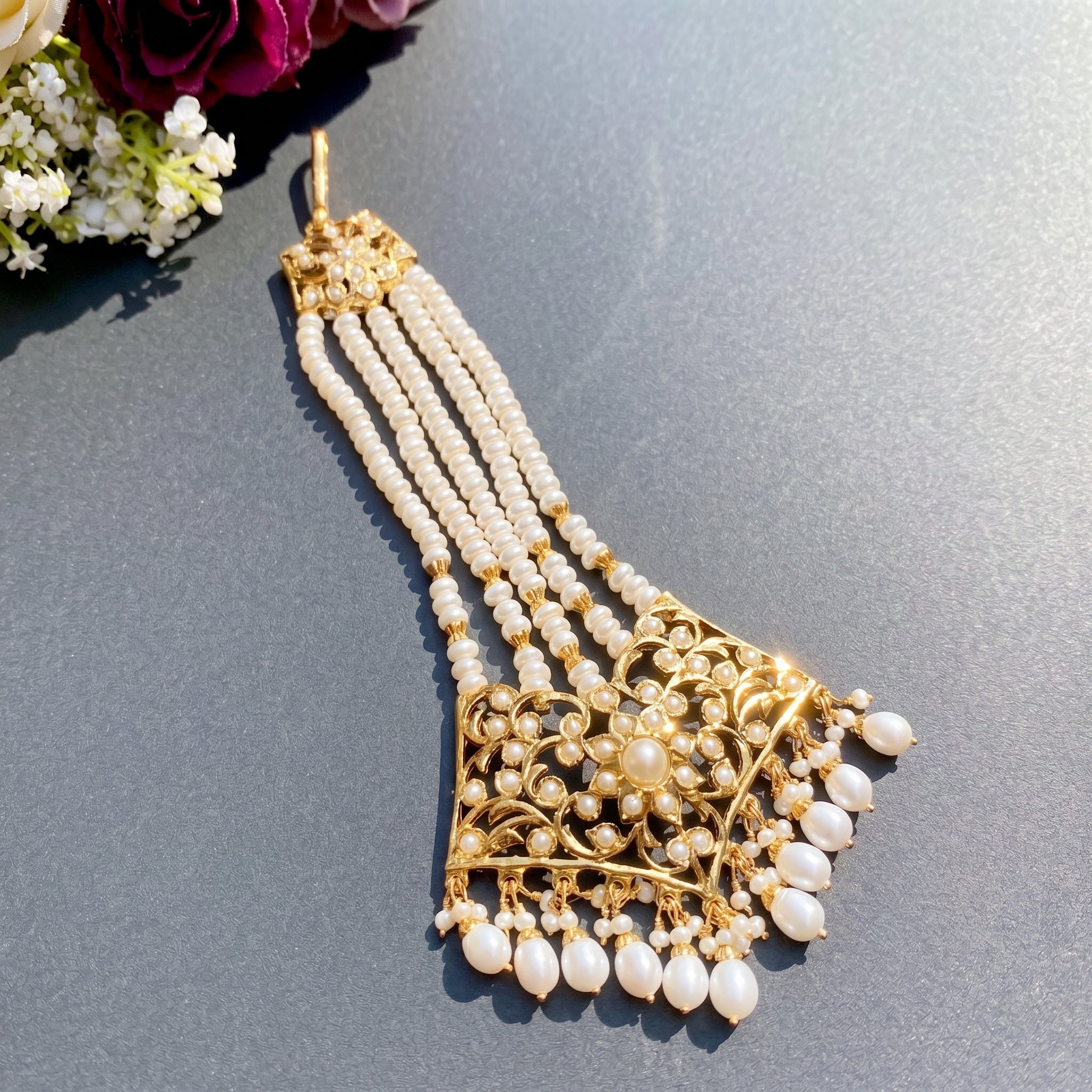 Pearl Jhoomar in Gold Plated Silver | Traditional Passa for Bridal Wear JHR 011