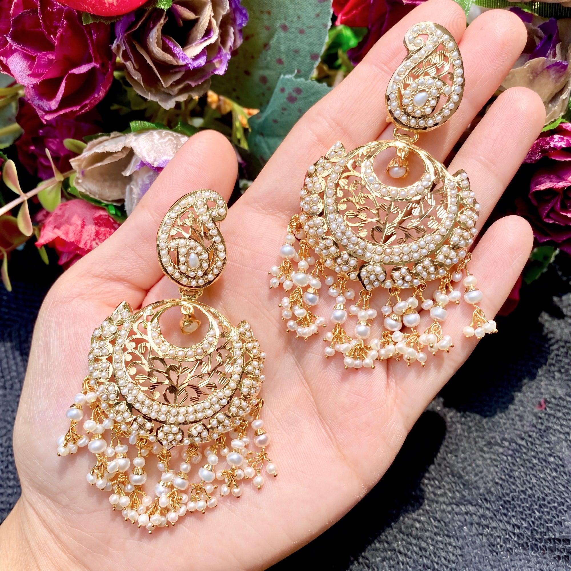 Pearl Jadau Chandbali Earrings in Gold Plated Silver ER 083