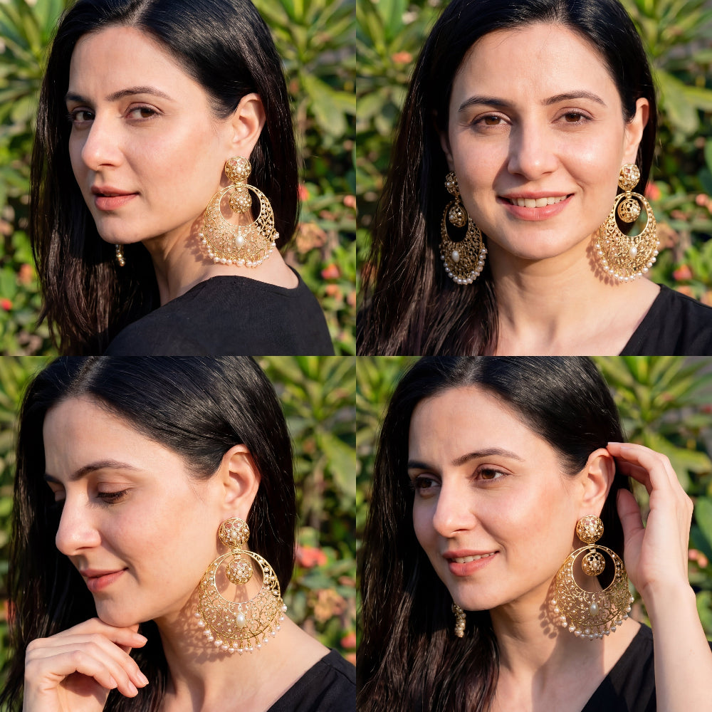 Pearls Studded Ethnic Chandbali Earrings | Gold Plated on Sterling Silver ER 005