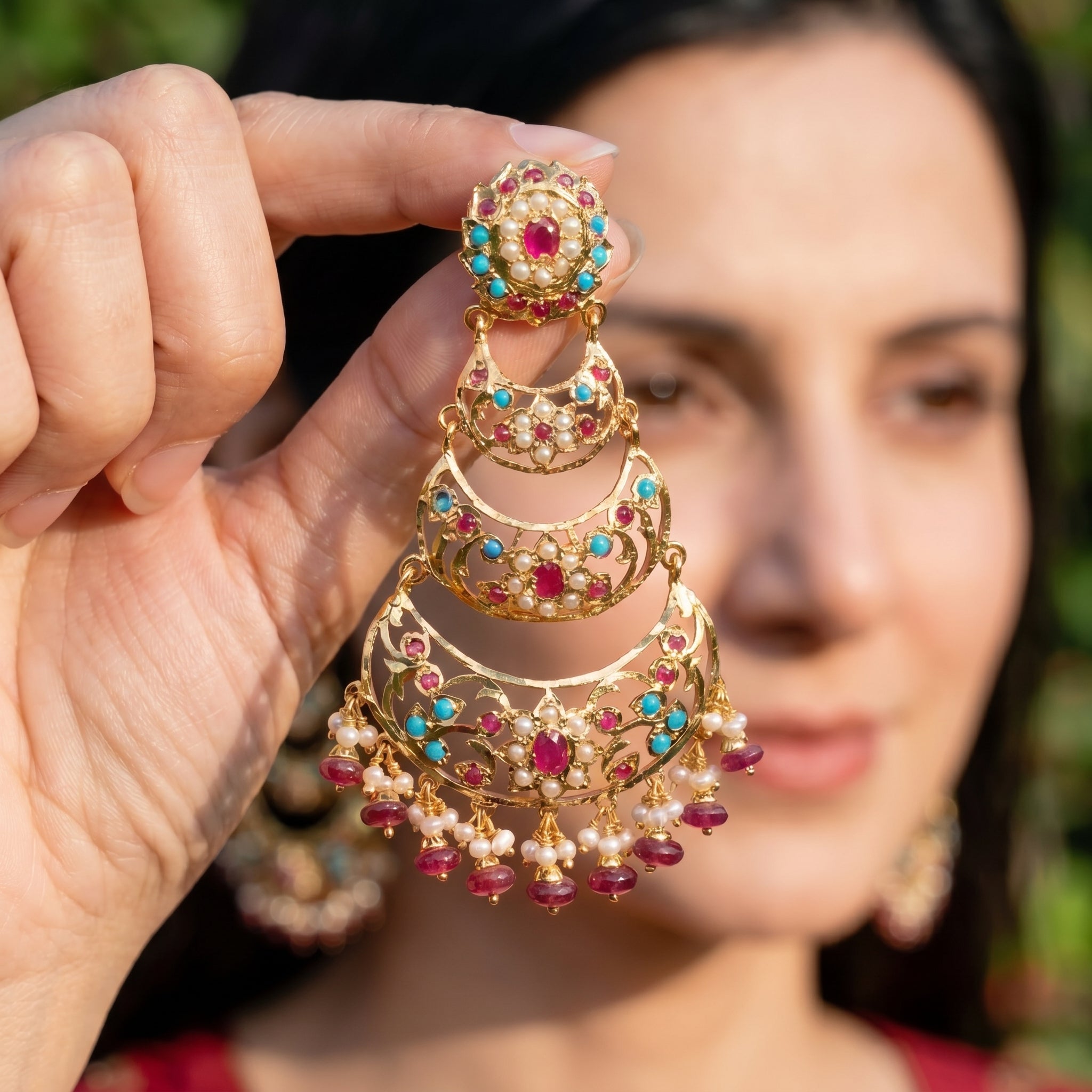 Ethnic Gold Plated Danglers | Ruby Pearl & Feroza | Jadau Earrings ER 324