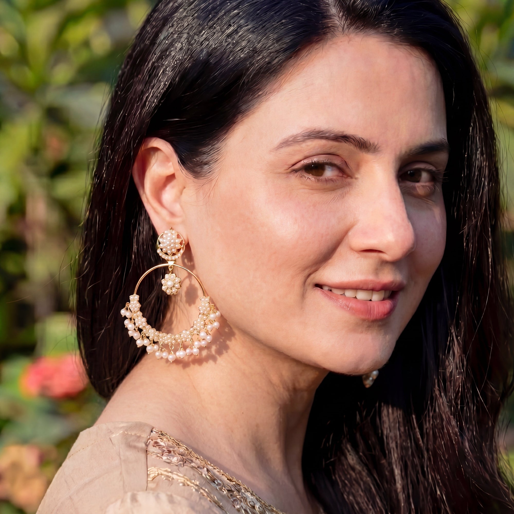 Gold Plated Hoop Earrings in Silver Adorned with Pearls ER 181