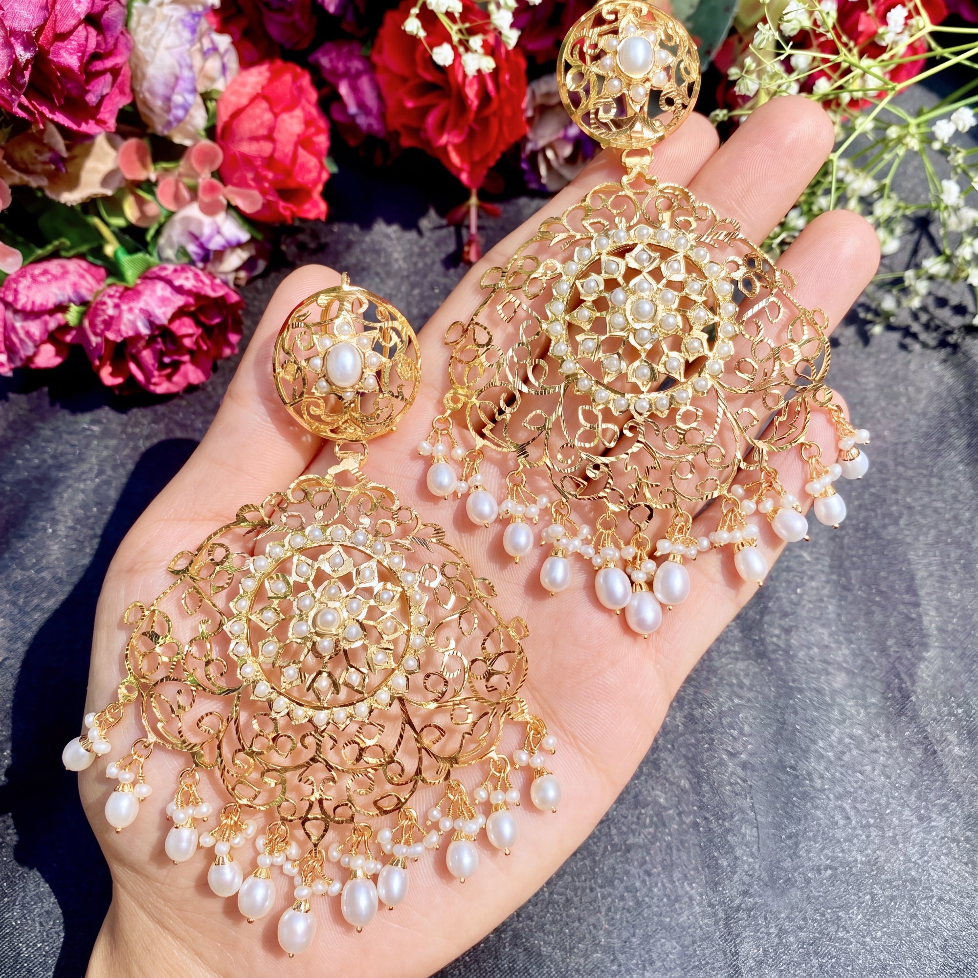 Gold Plated Oversized Pearl Drop Earrings in Silver ER 142