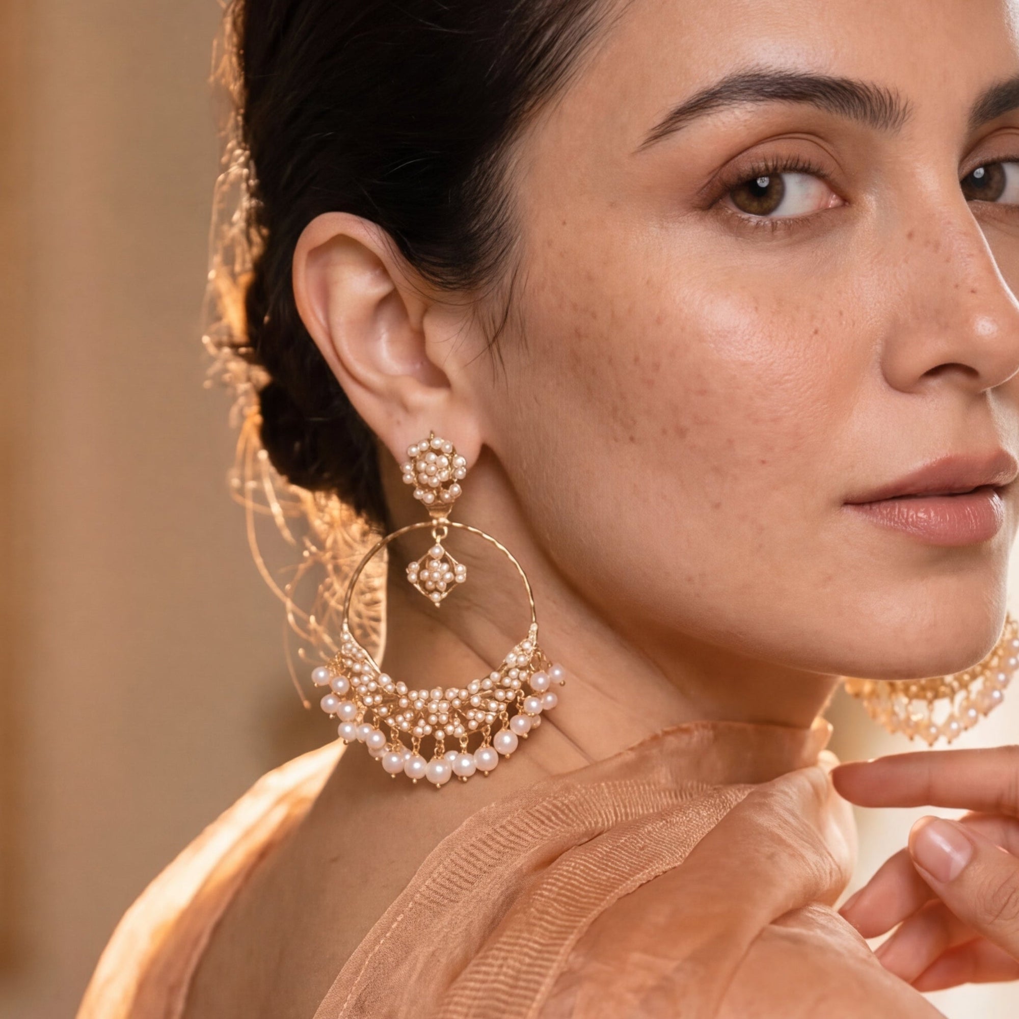 Ethnic Pearl Chandbali Earrings | Pearl Hoop Earrings | Gold Plated Silver ER 264
