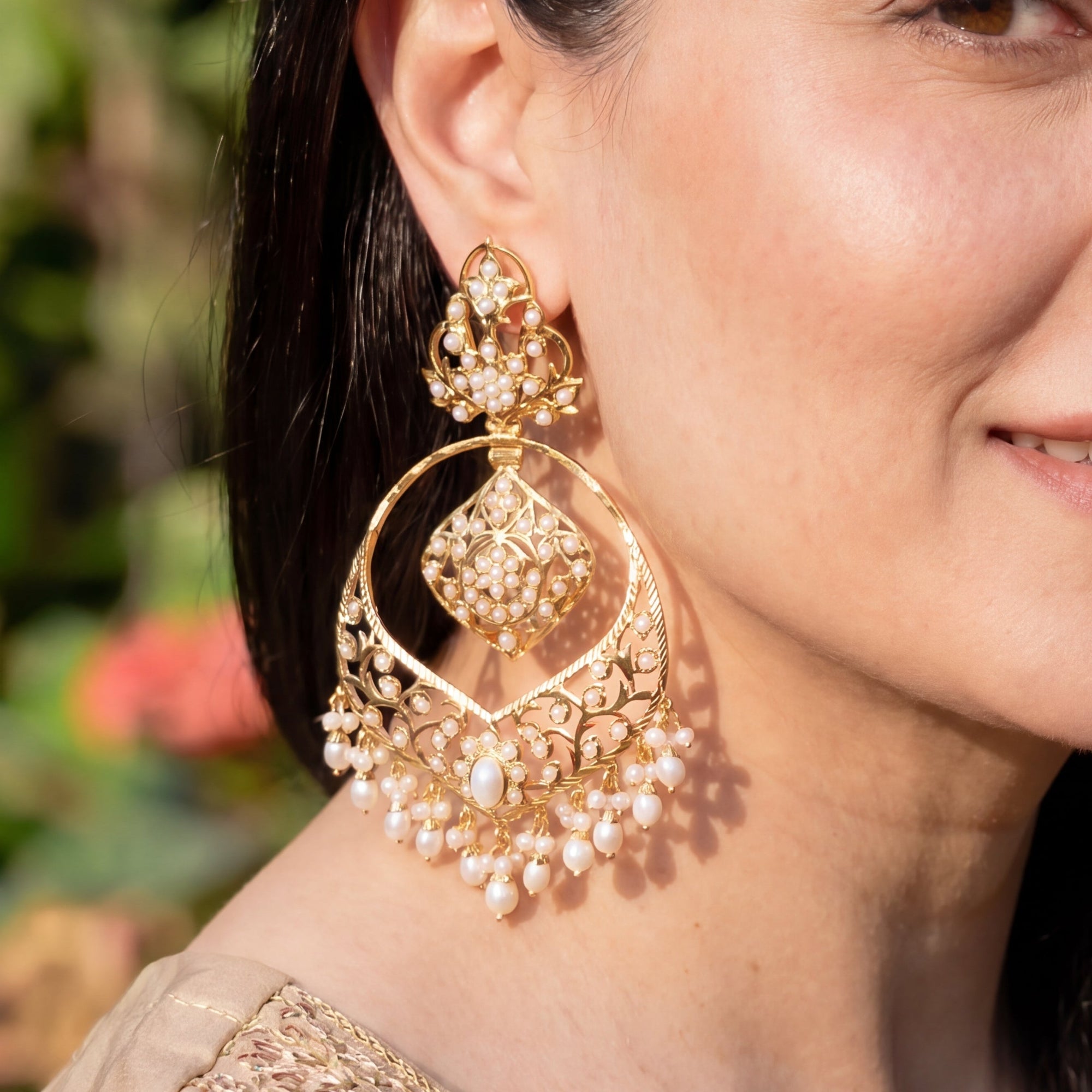 Large Pearl Chandbali Earrings | Statement Jewelry Piece | Gold Plated ER 115