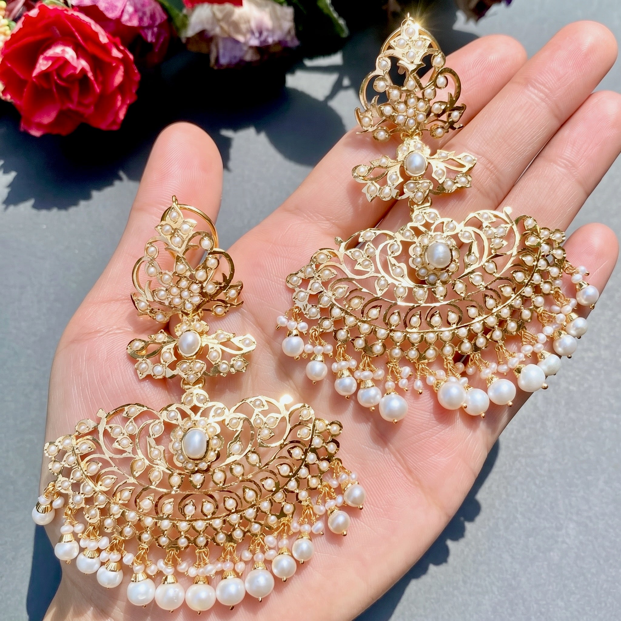 Intricately Crafted Pearl Earrings | Gold Plated Silver ER 306