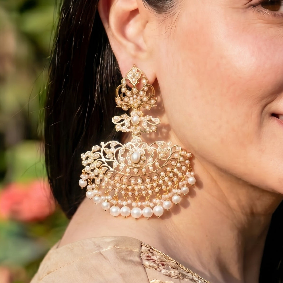 Intricately Crafted Pearl Earrings | Gold Plated Silver ER 306