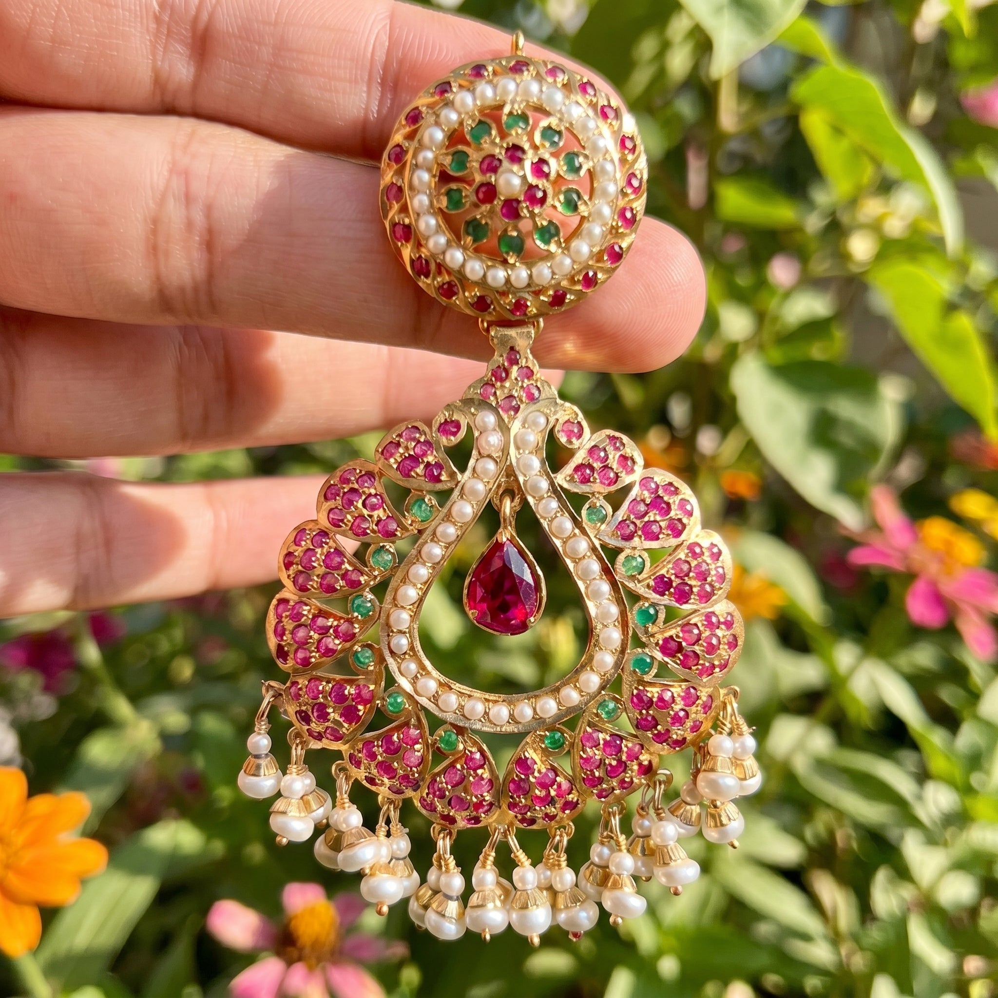 Ruby Emerald Pearl Chandbali | Gold Plated Silver | ER 435