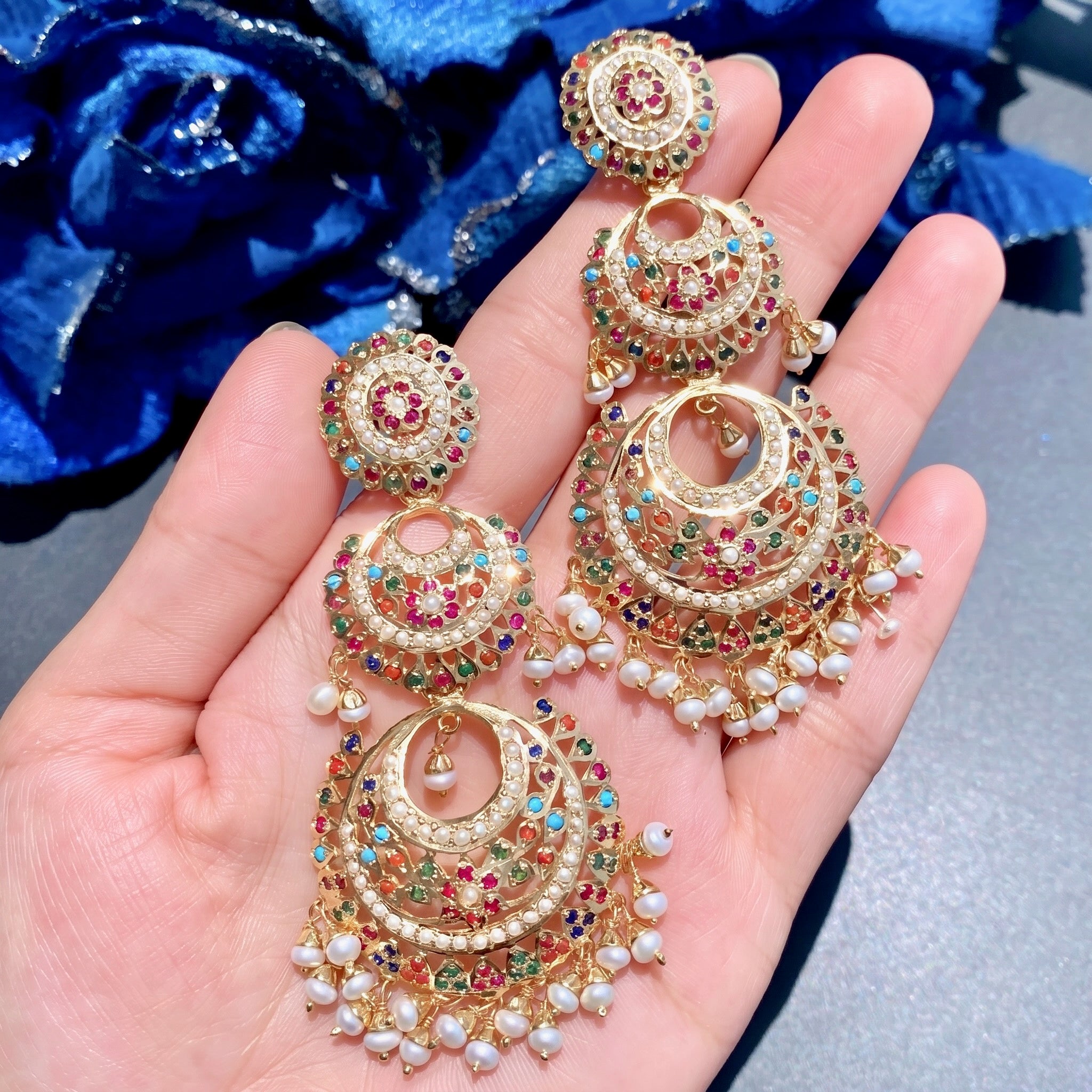 Navratna Double Chandbali Earrings | Gold Plated on Sterling Silver ER 566