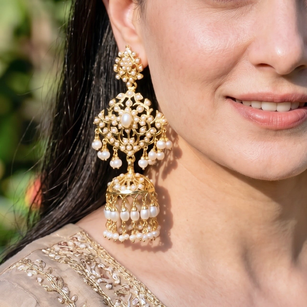 Long Pearl Jhumka Earrings | Antique Design | Gold Plated Silver ER 153