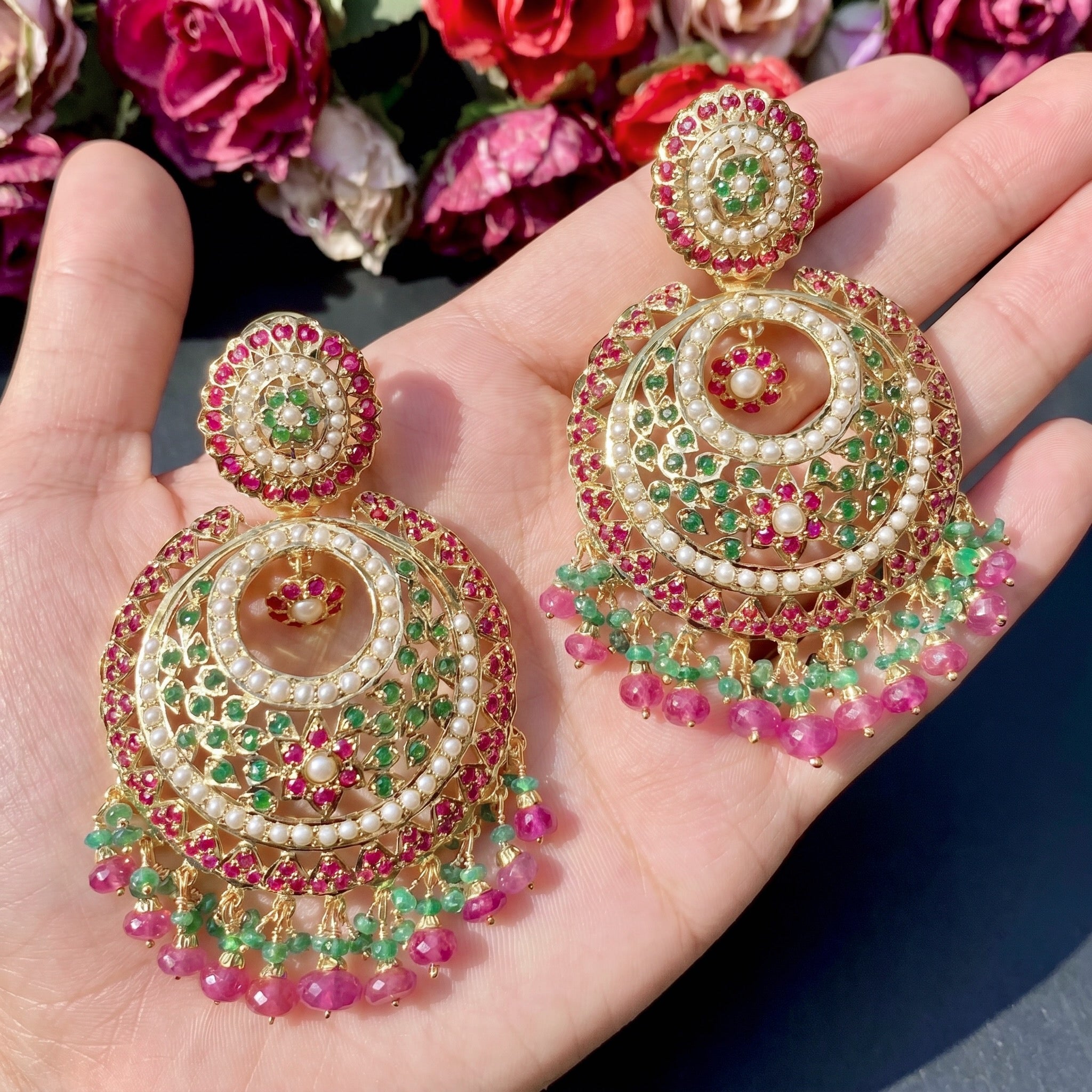 Big Punjabi Chandbali Earrings | Ruby Emerald Combination | 925 Silver Gold Plated ER 193