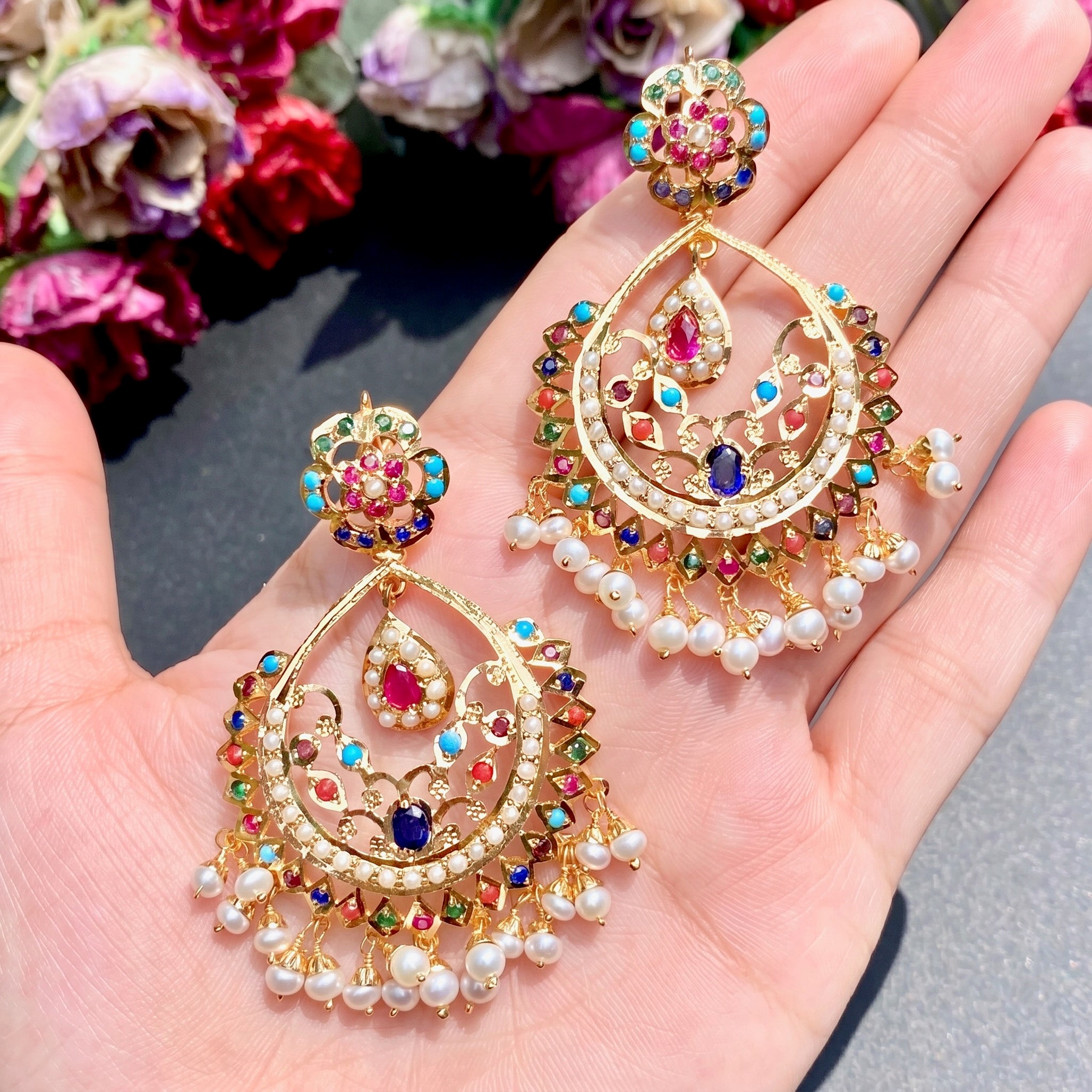 Navratna Chandbali Earrings for Women | Buy Jadau Earrings Online ER 347