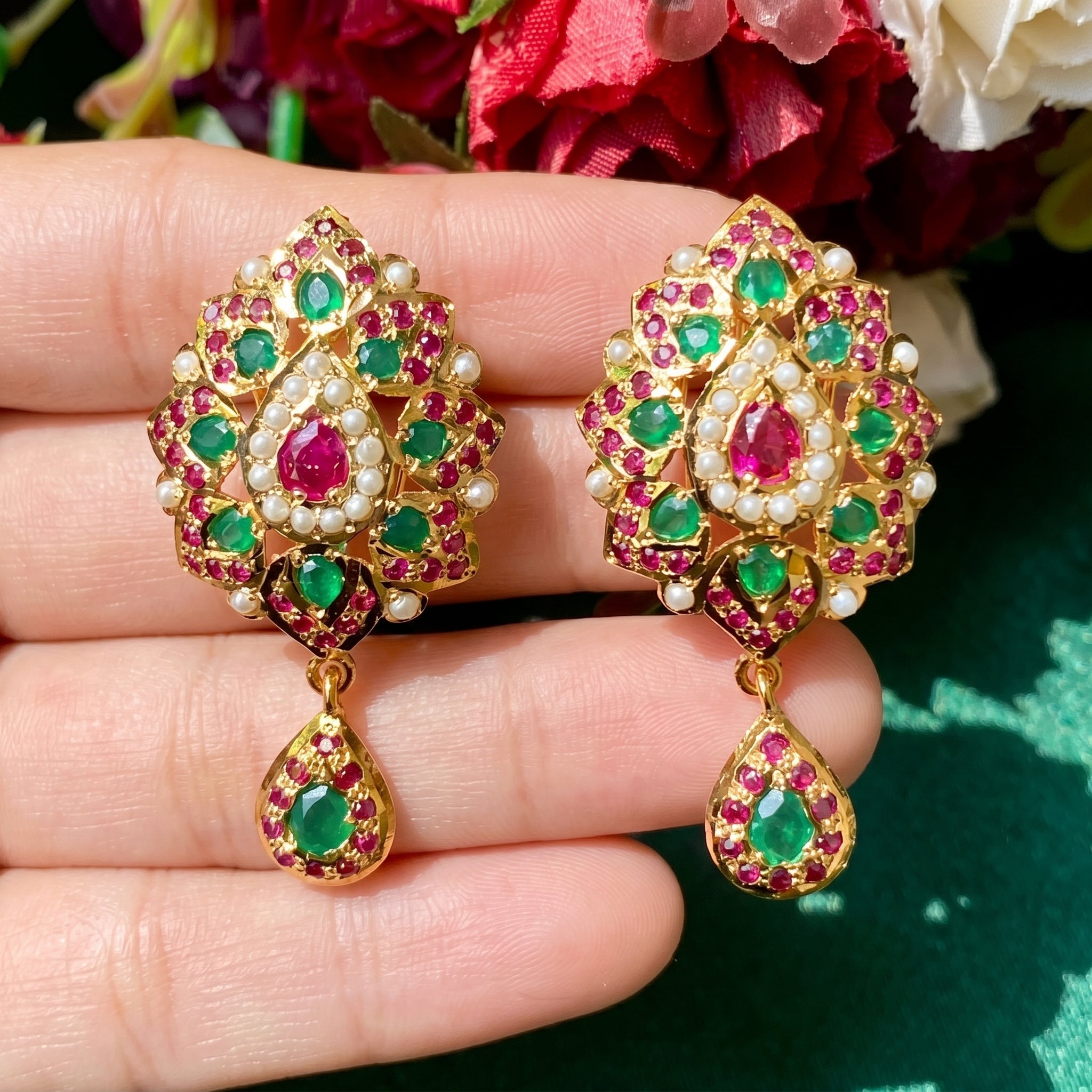 Gold Plated Silver Jewelry| Multicolored Jadau Stud Earrings ER 079