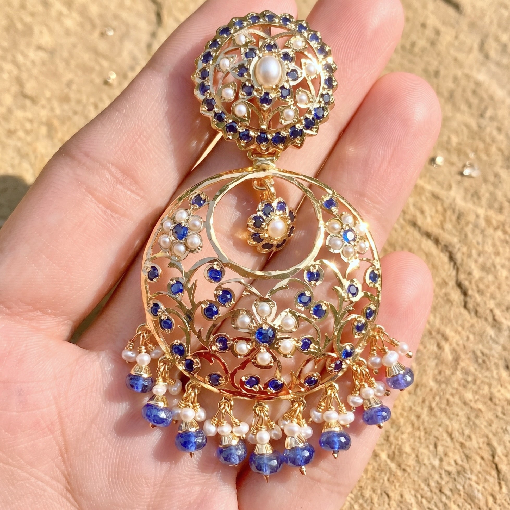 Pearl Sapphire Chandbali Earrings in Gold Plated Silver ER 459