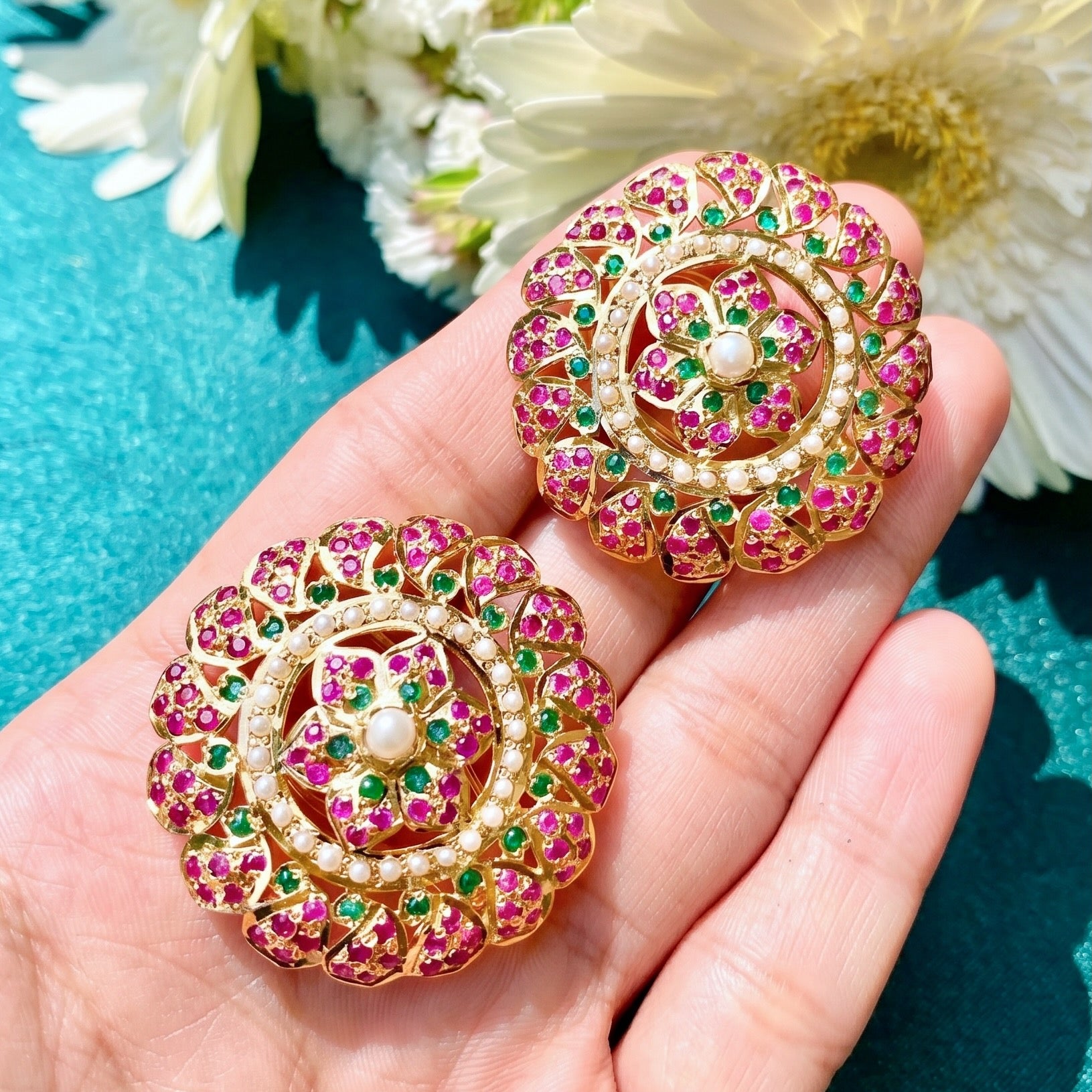 Big Round Jadau Stud Earrings | Gold Plated on Silver ER 065