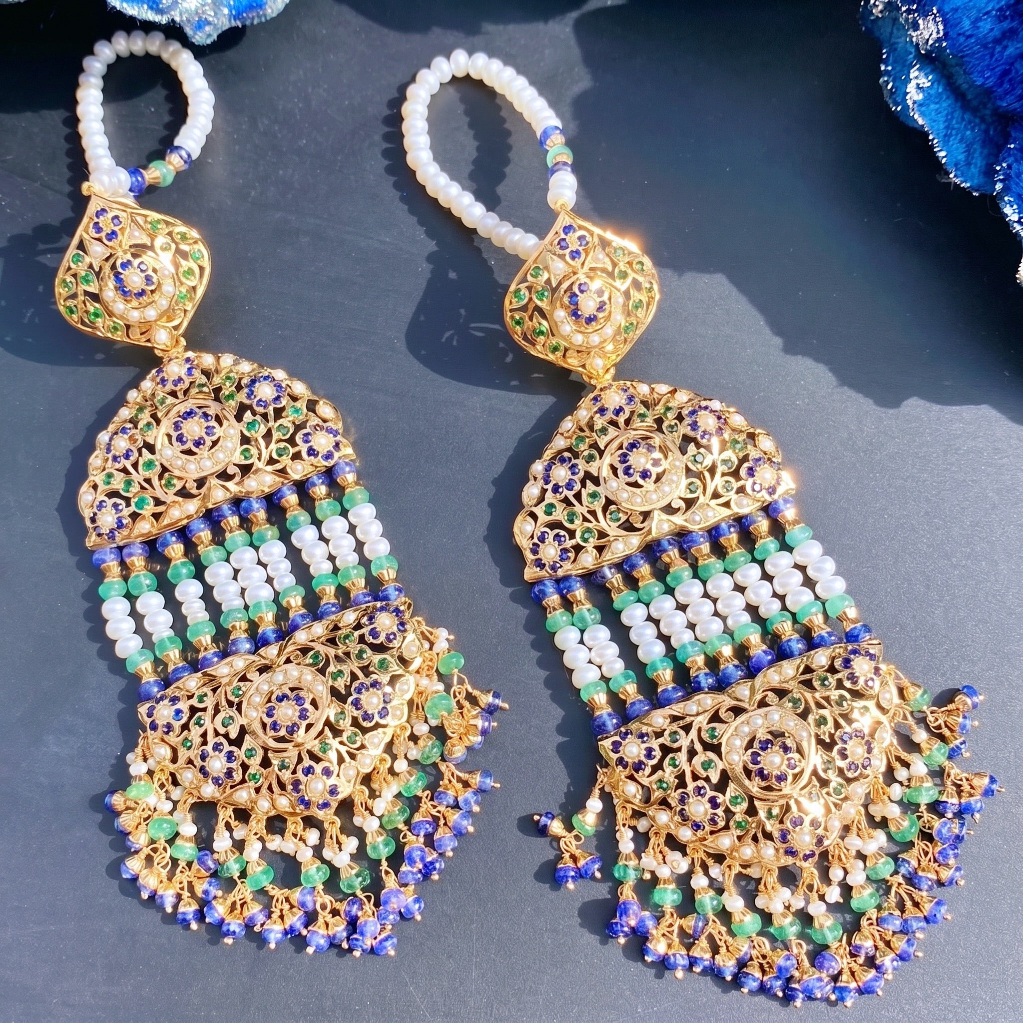 Grand Jhoomar Earrings | Freshwater Pearls & Emerald Beads | Gold Plated ER 299