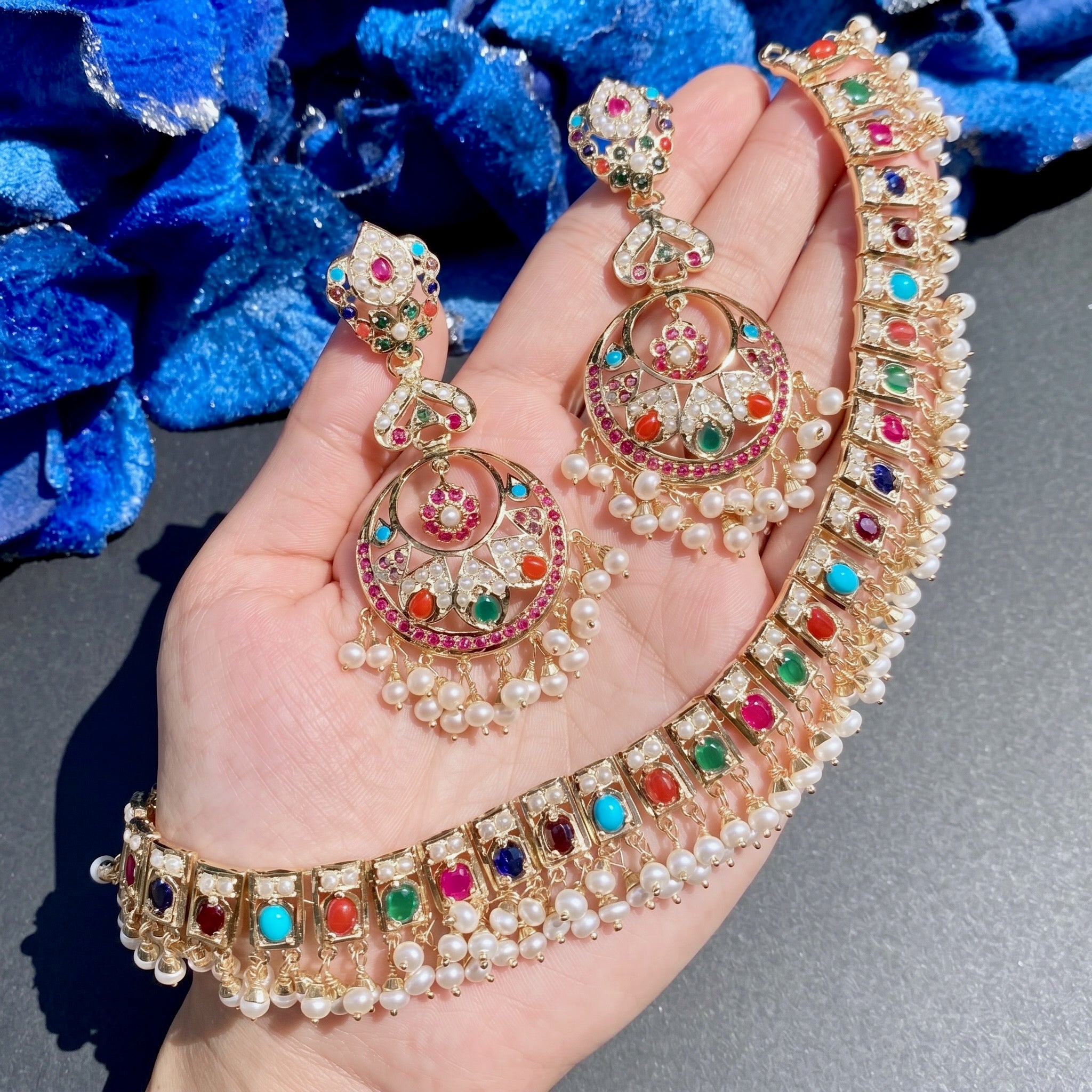 Classic Navratna Necklace with Long Chandbali Earrings | Gold Plated on Silver NS 422