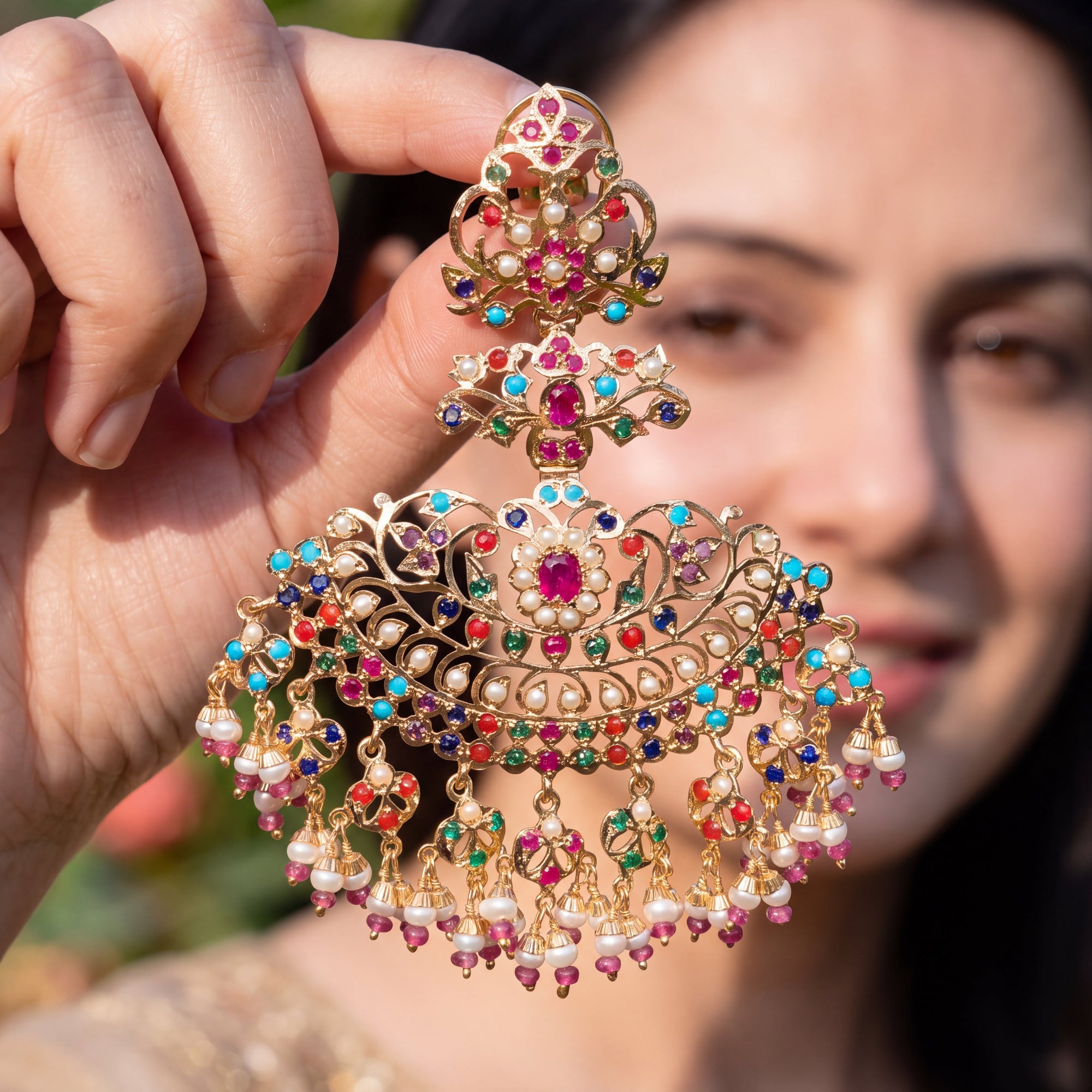 Statement Navratna Danglers on 925 Gold Plated Silver ER 741