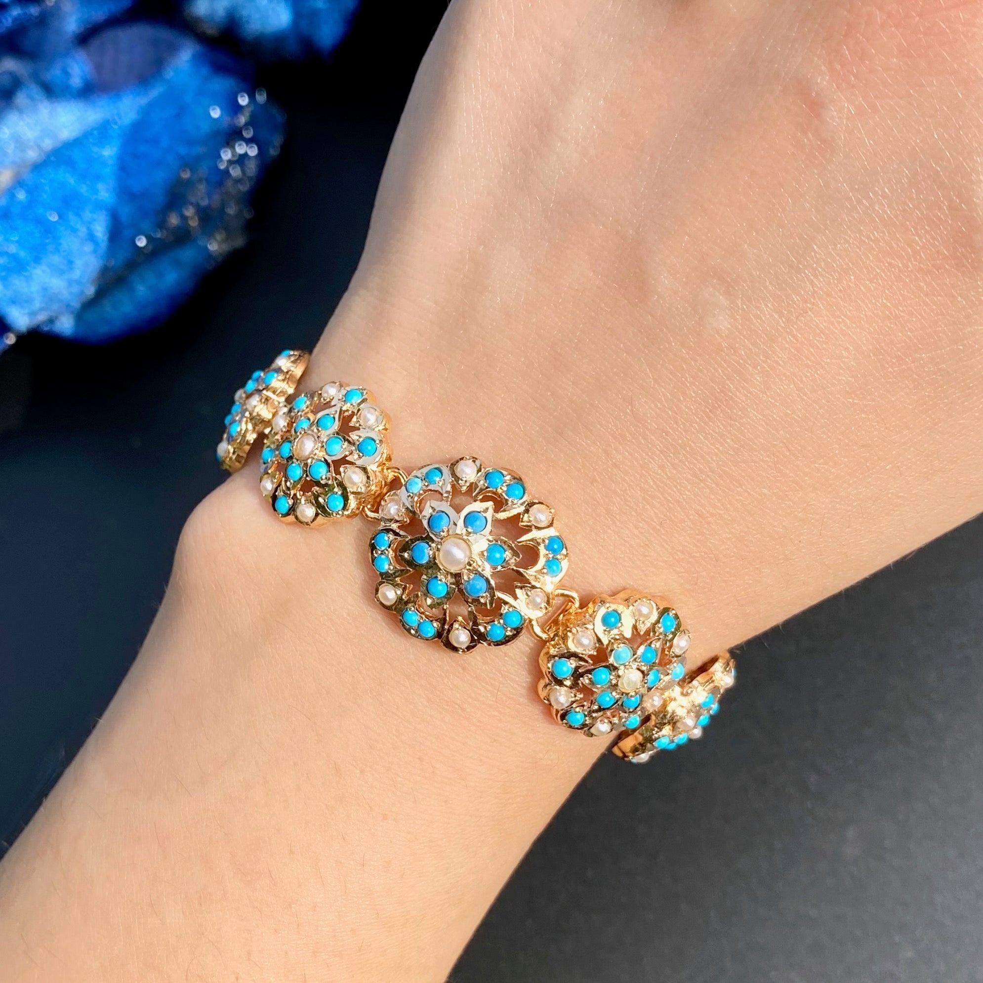 Floral Turquoise Adjustable Bracelet | Silver Turquoise Bracelet | BG 090