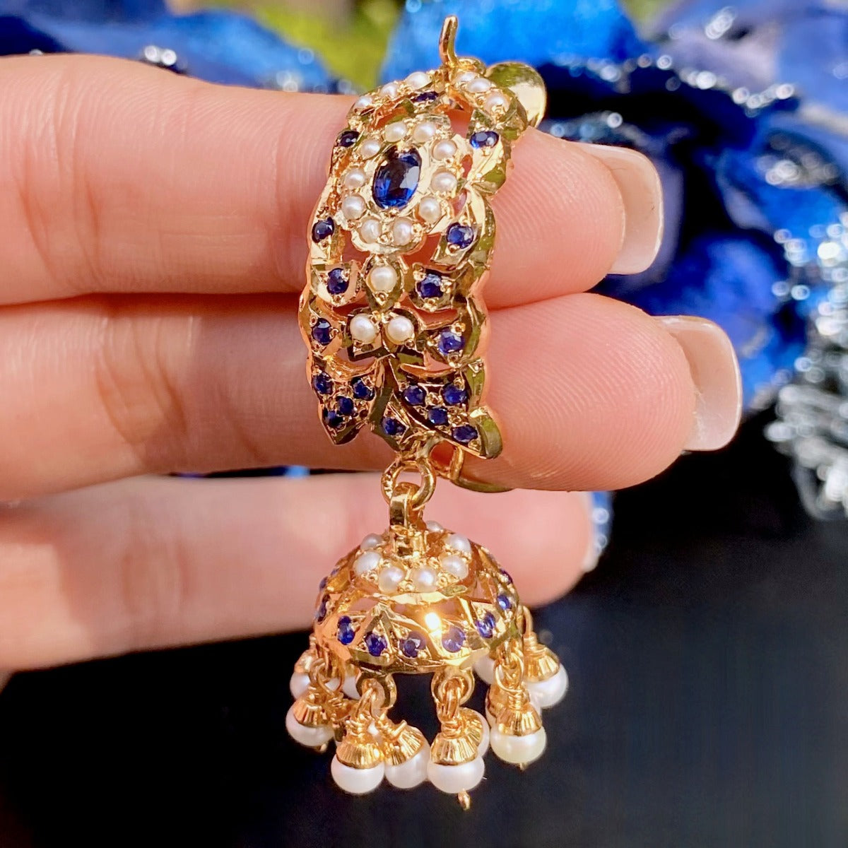 Buy Anika's Creations Elegant off White Pearl and Stone Designer Gold  Plated Blue Drop Jhumka Earring Online