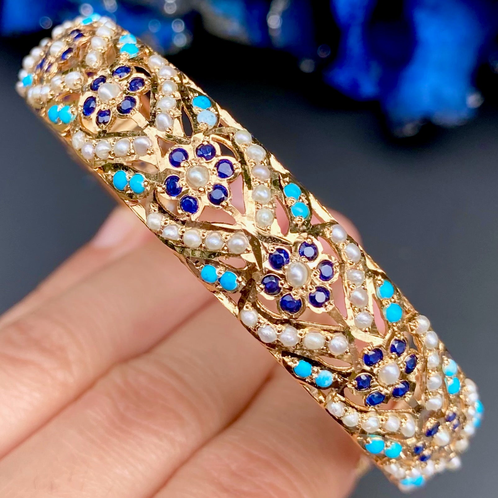 Intricately Crafted Floral Jadau Bangle with Blue Stones | Gold Plated on Silver BG 132