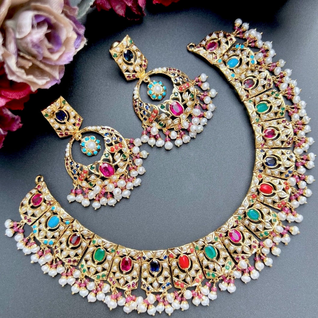 navaratan necklace set, gold plated 