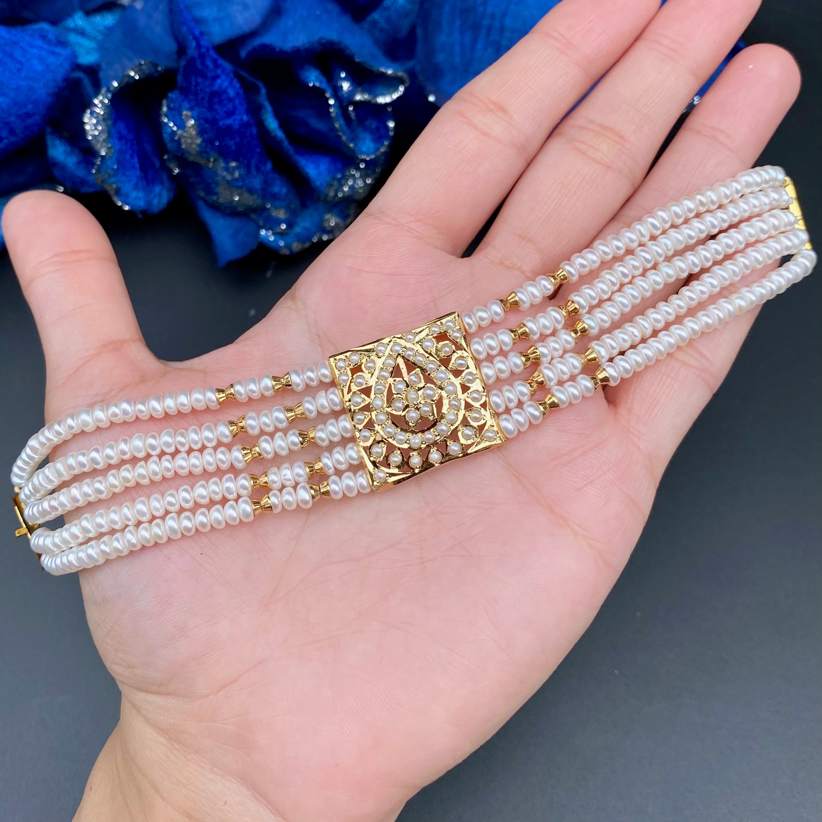 Traditional Punjabi Pearl Dasti on 925 Silver with Gold Plating | Authentic Freshwater Pearls BG 137