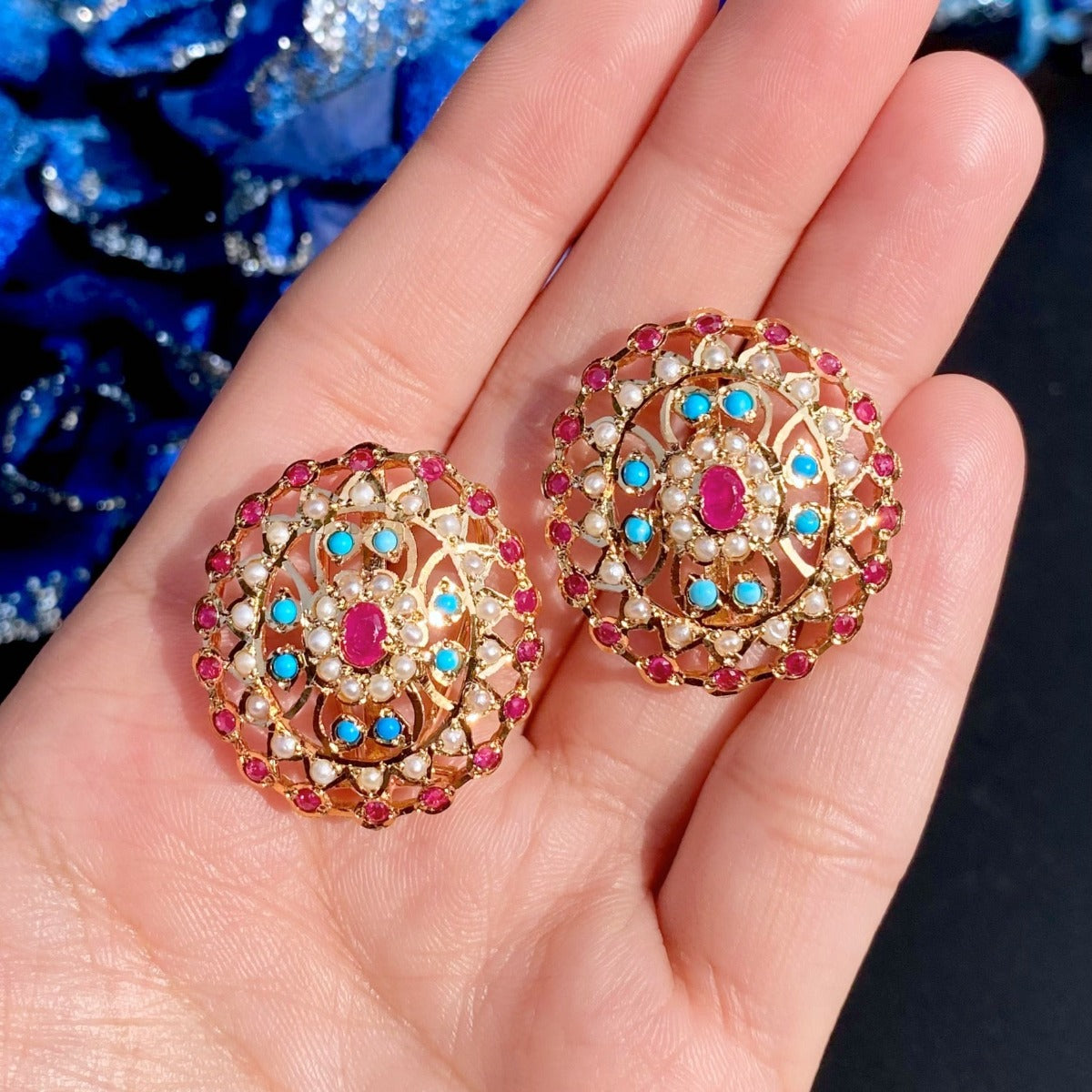RUBY PEARL MEENAKARI GLASS STONE EARRINGS – Sanvi Jewels