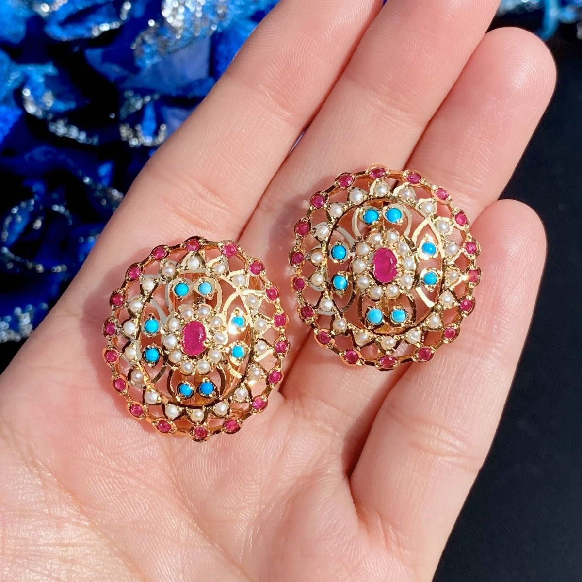 statement gold plated oval studs for women