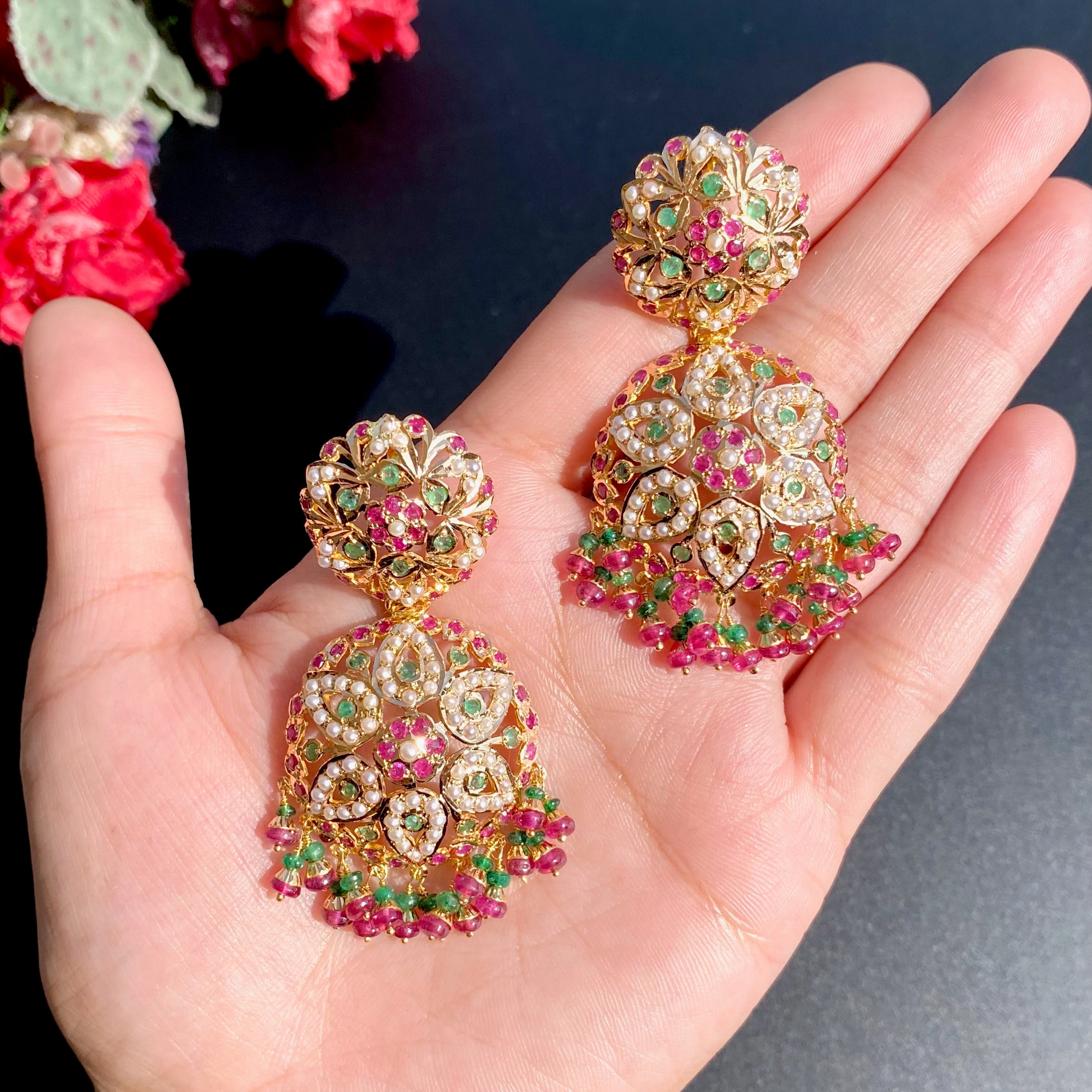 ruby emerald earrings in 22 karat gold