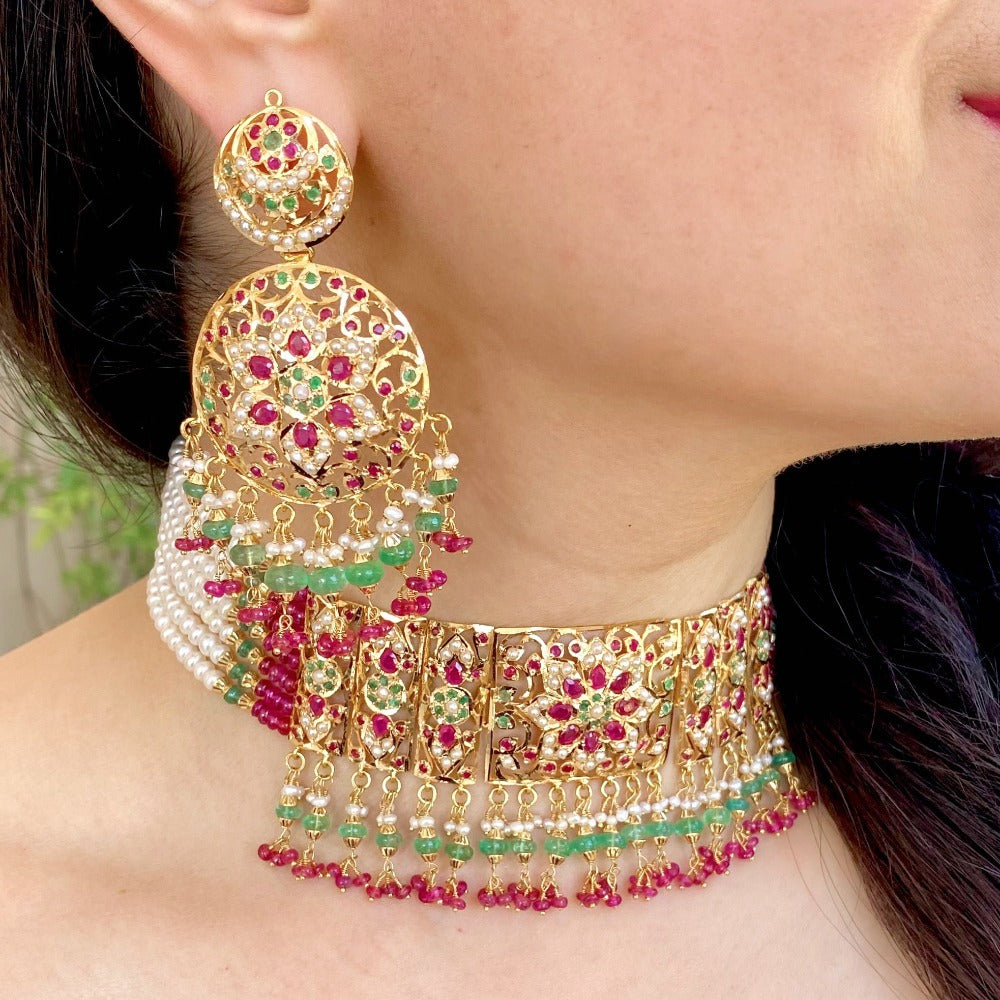 rajasthani necklace set in 22k gold studded with precious stones
