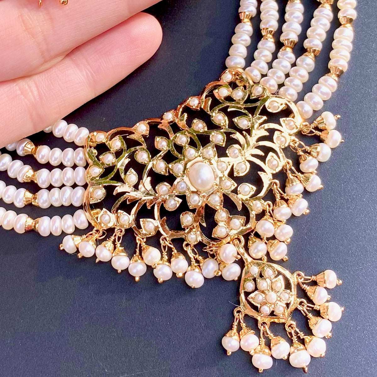 Women's Traditional Multi-Strand Pearl Necklace – Gold Plated Potli Pendant, Bridal & Festival Jewelry