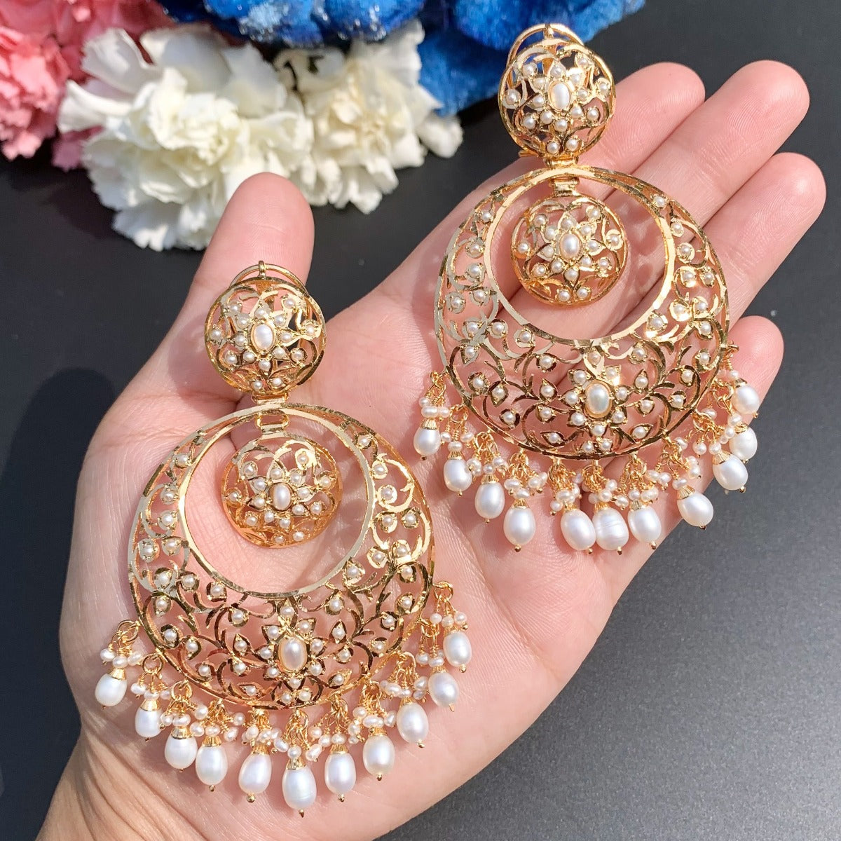 large pearl chandbali earrings in gold polished silver