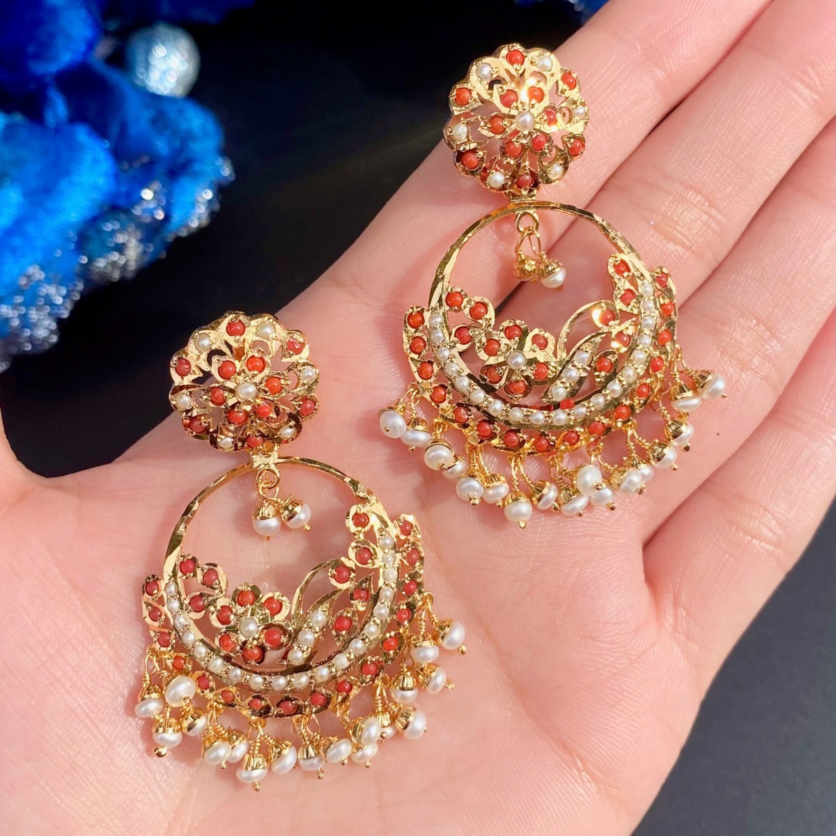 coral and pearl chandbali earrings