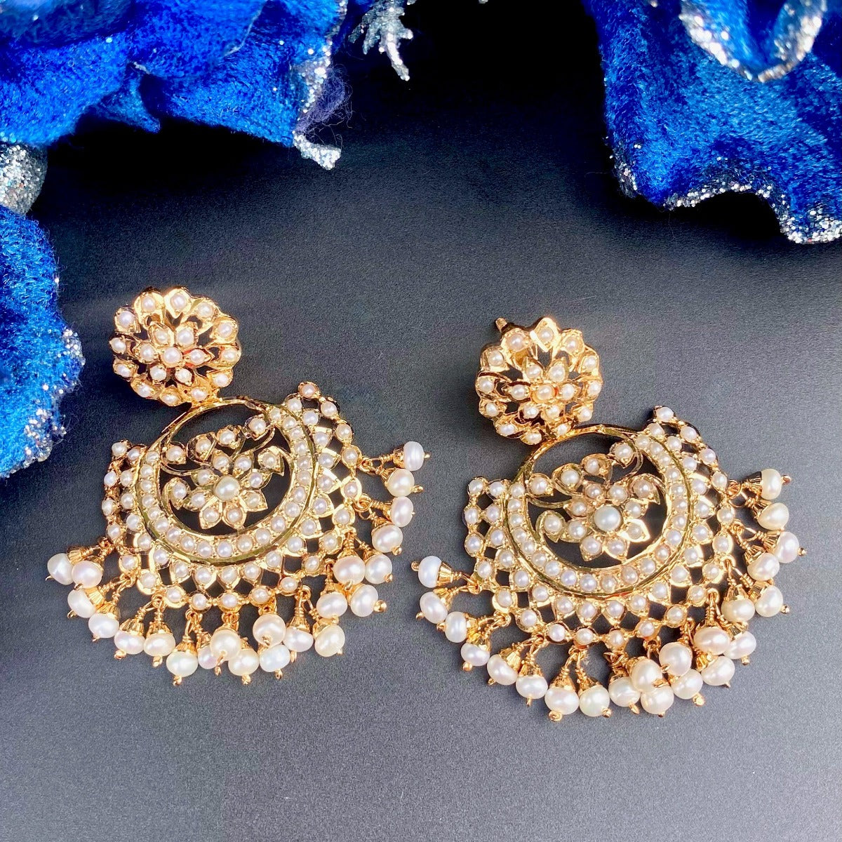 Indian Chandbali Earrings | Pearl Jewelry Gold Plated | 925 Silver ER 552