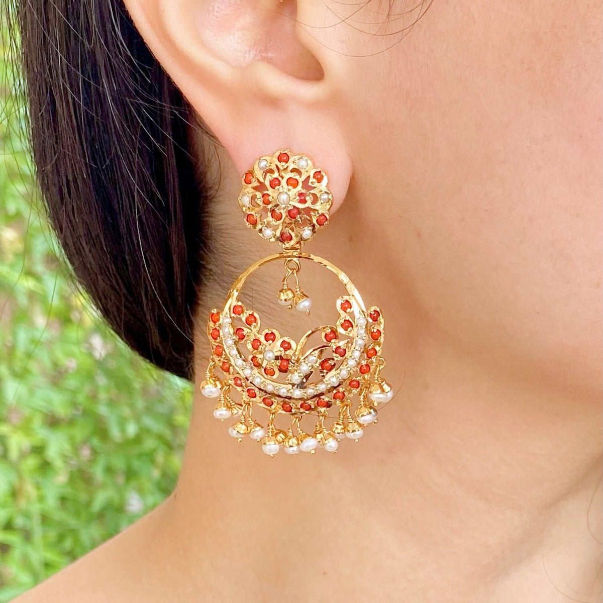 chandbali earrings studded with coral and pearl