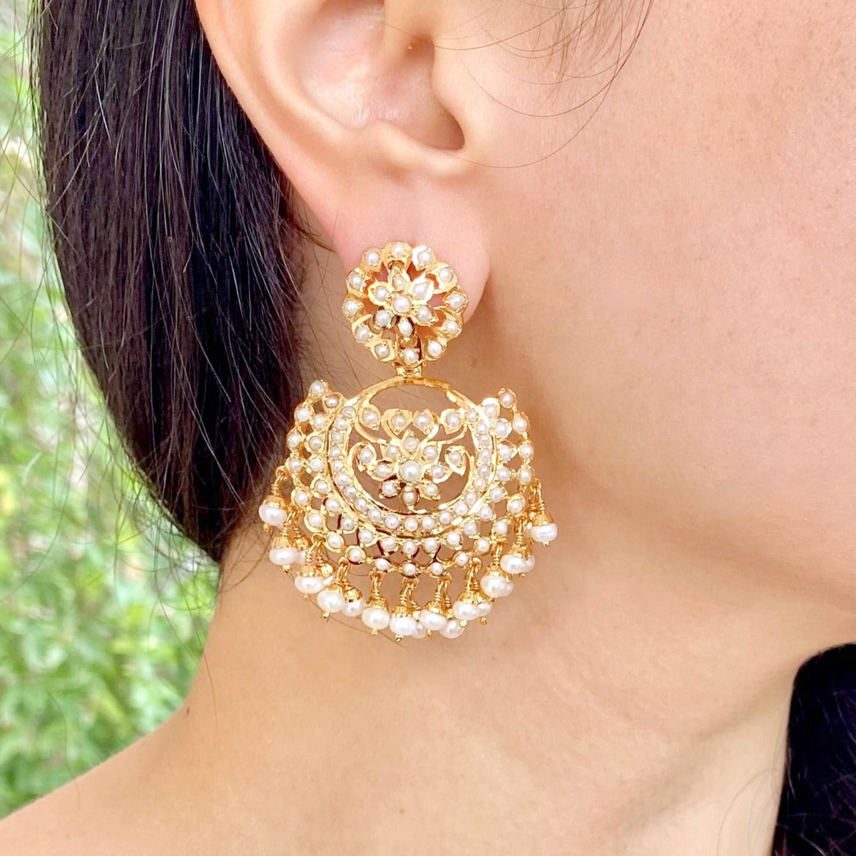 Indian Chandbali Earrings | Pearl Jewelry Gold Plated | 925 Silver ER 552