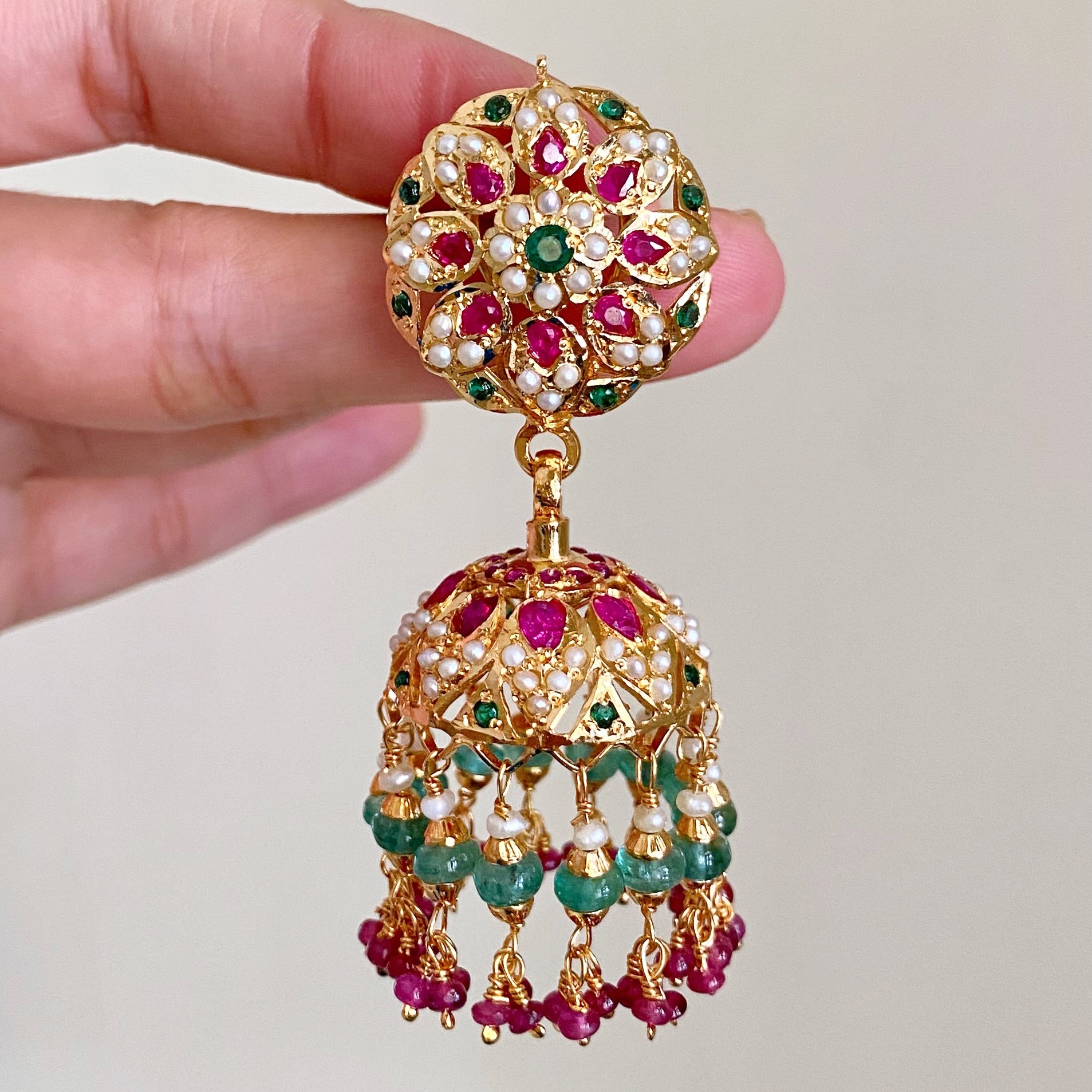 Gold Plated Jhumka Earrings | Silver Base Studded with Pearls & Colour Stones | ER 320