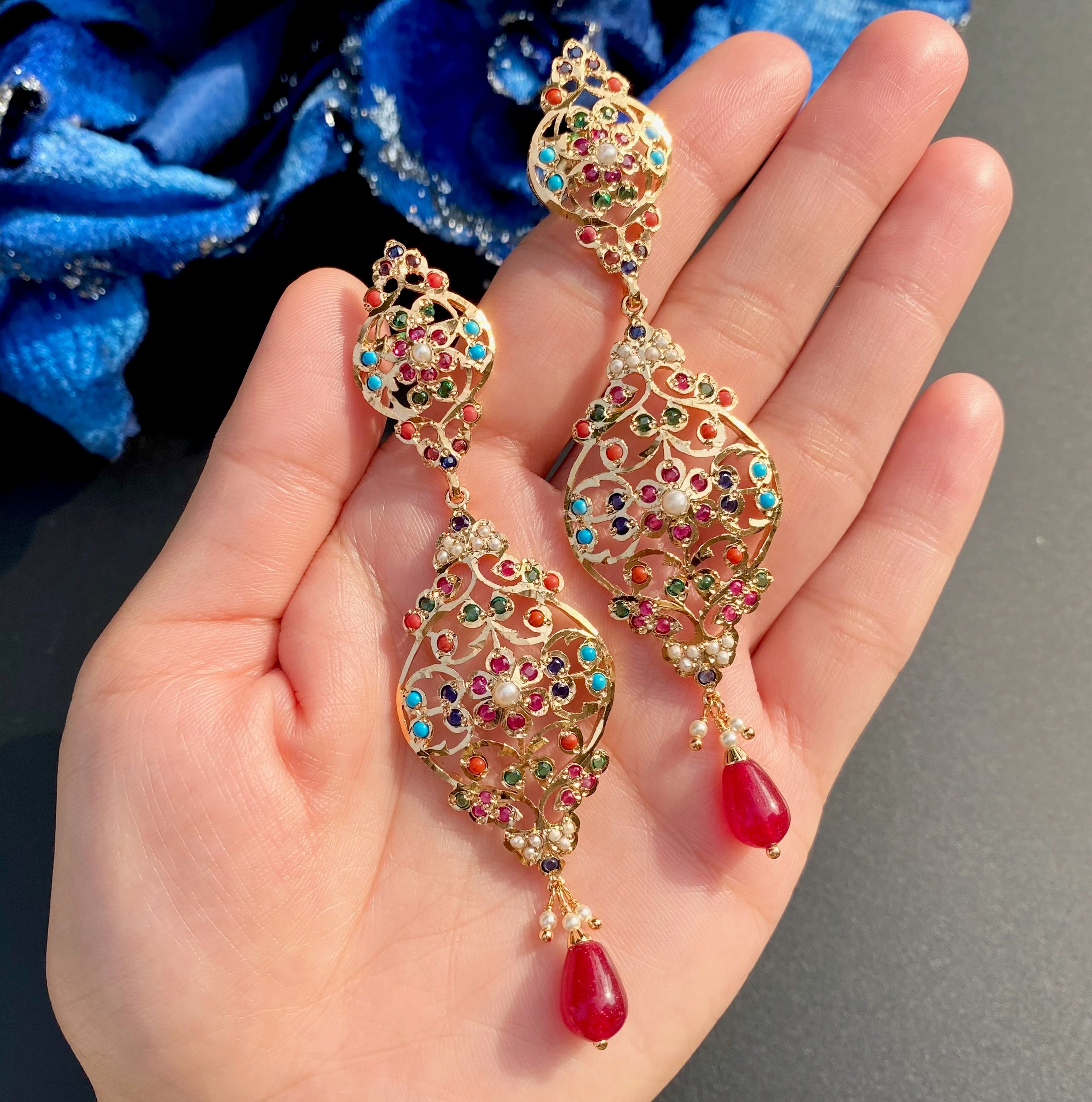 Exquisite Navratna Danglers | Gold Plated on Mixed Metal Base BER 008