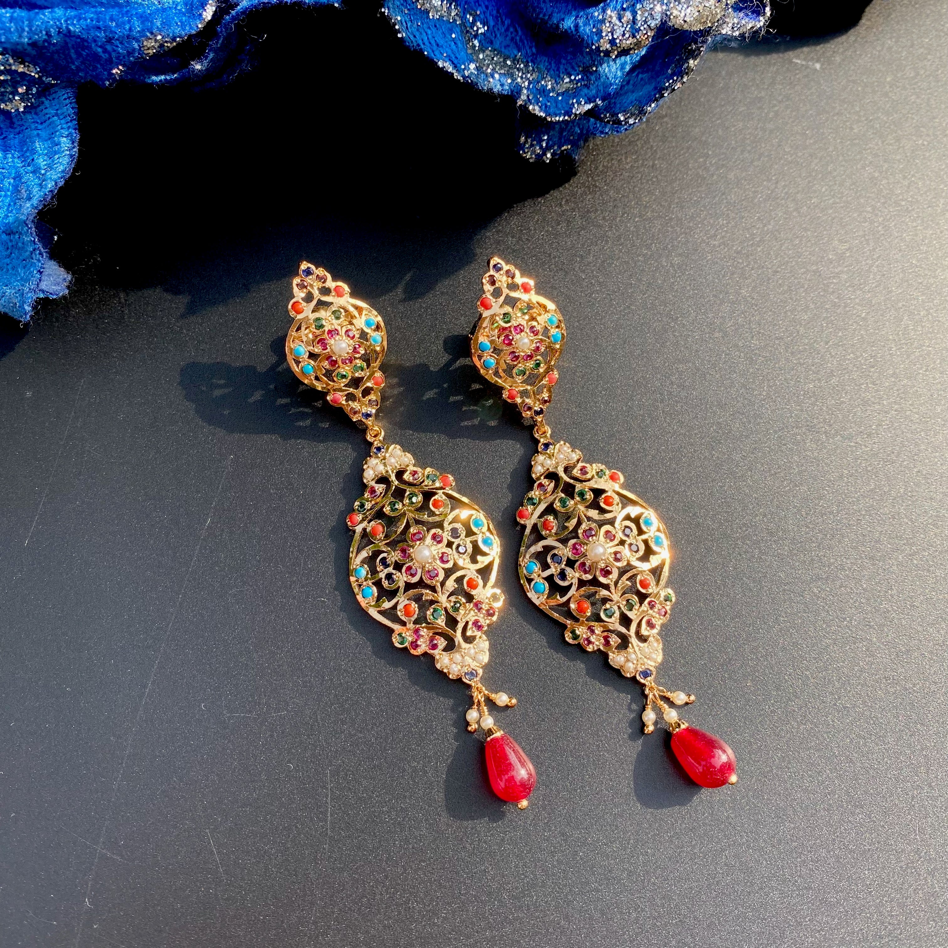 Exquisite Navratna Danglers | Gold Plated on Mixed Metal Base BER 008