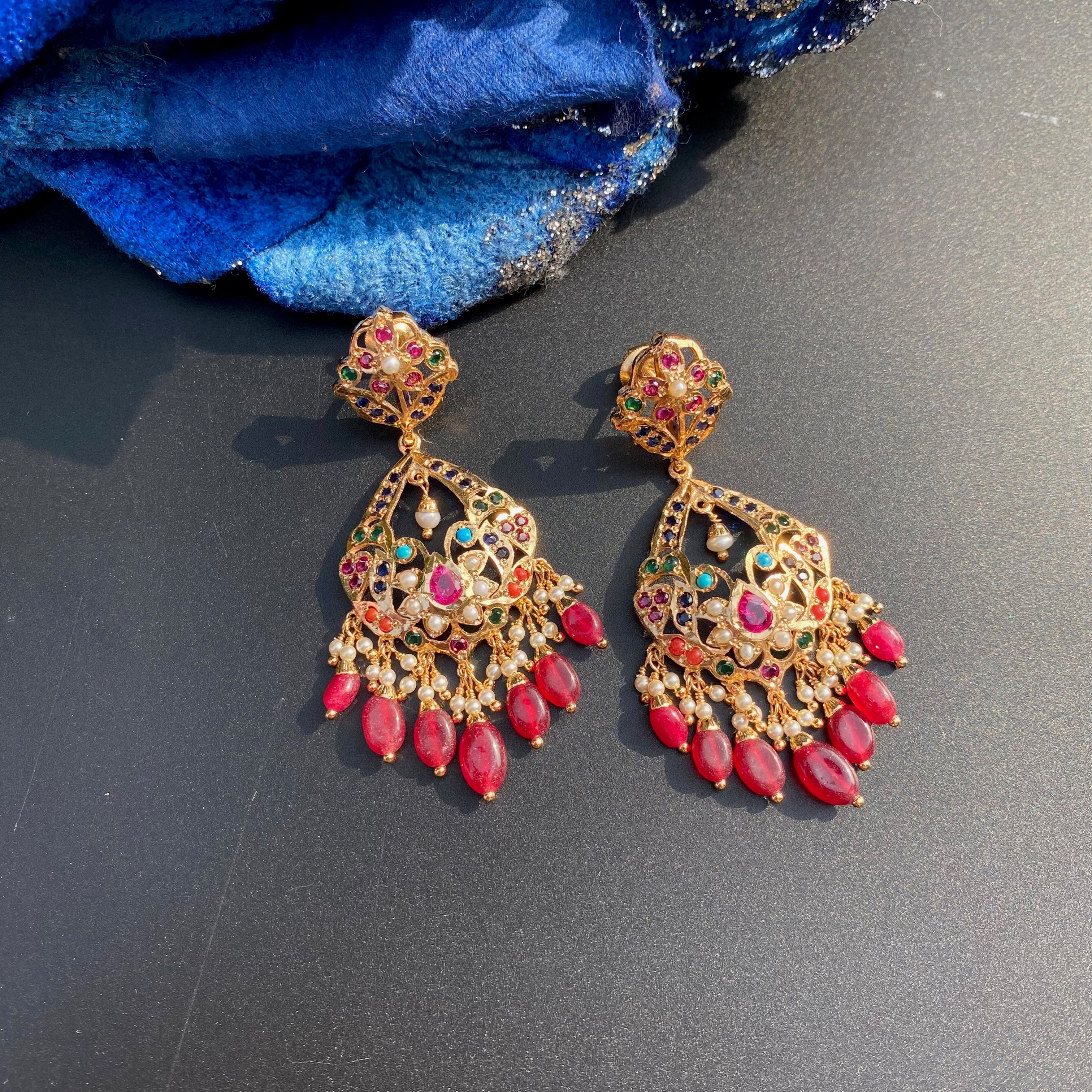 Navratna Danglers with Red Drops | Trendy Jadau Earrings BER 001