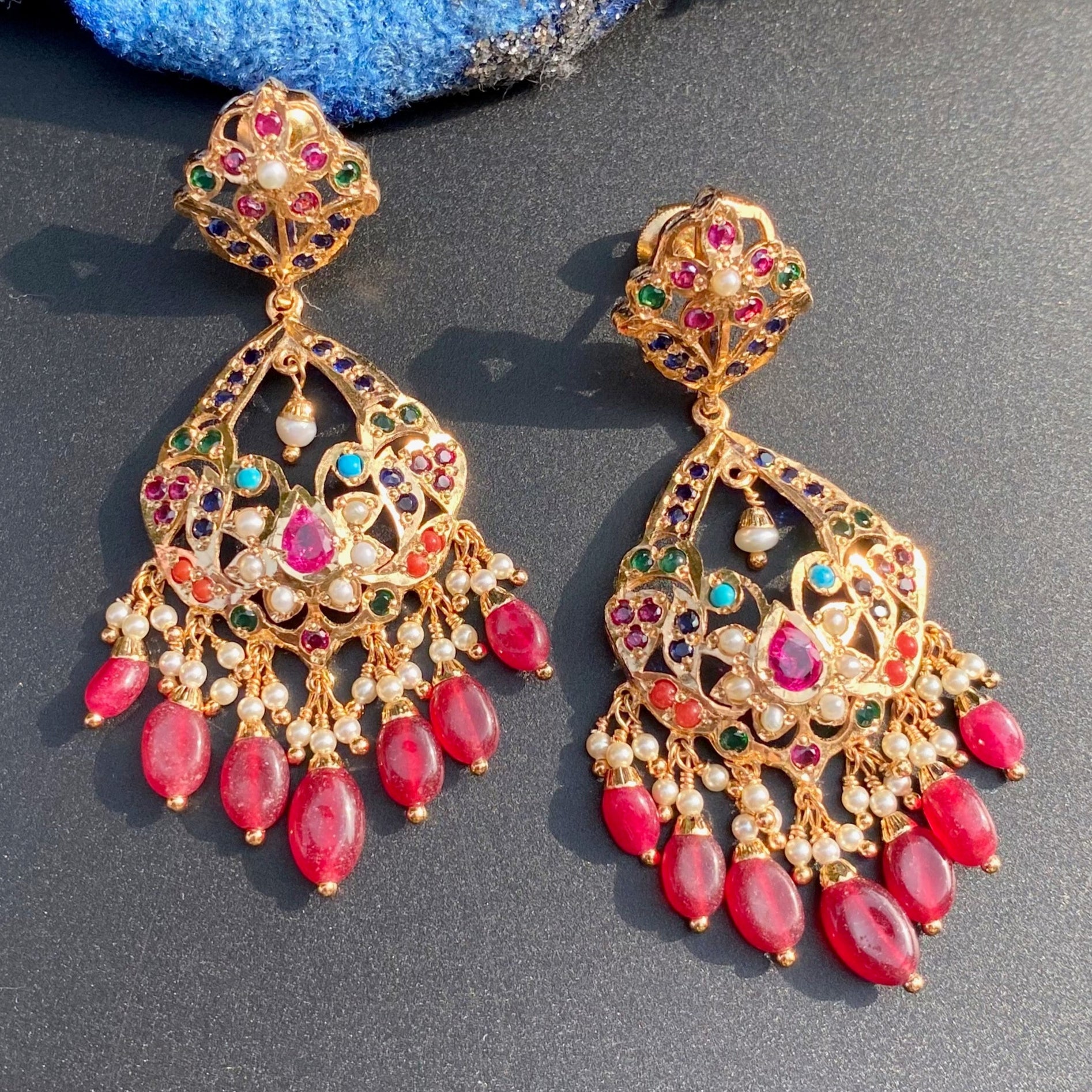 Navratna Danglers with Red Drops | Trendy Jadau Earrings BER 001